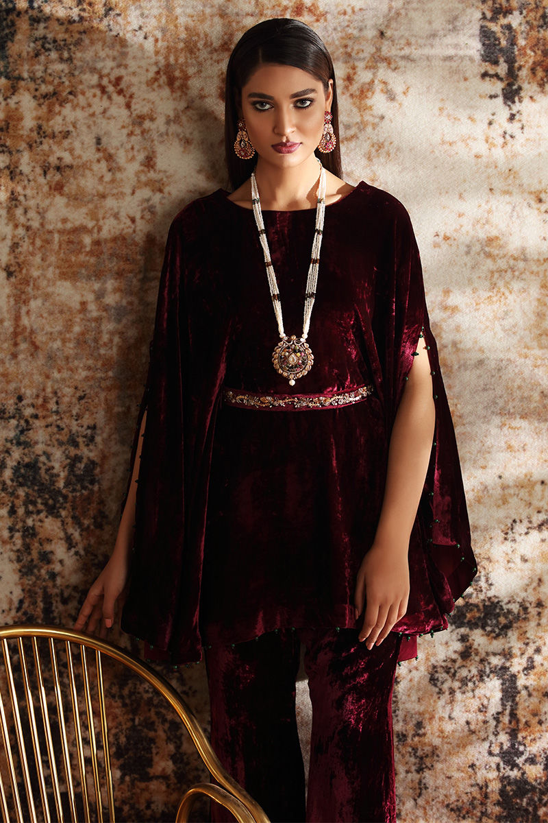 Pakistani Maroon Velvet Cape Dress with Bootcut Trousers (2-Piece) - Image 4