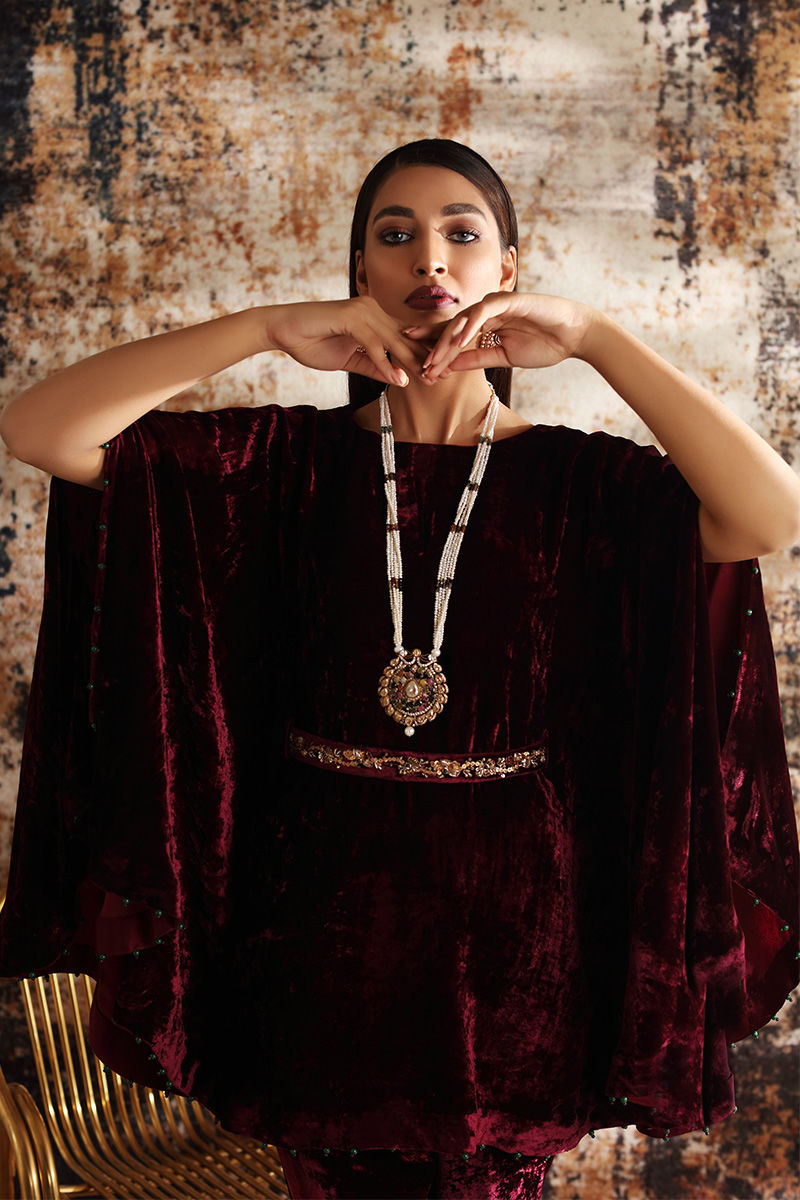 Pakistani Maroon Velvet Cape Dress with Bootcut Trousers (2-Piece) - Image 5
