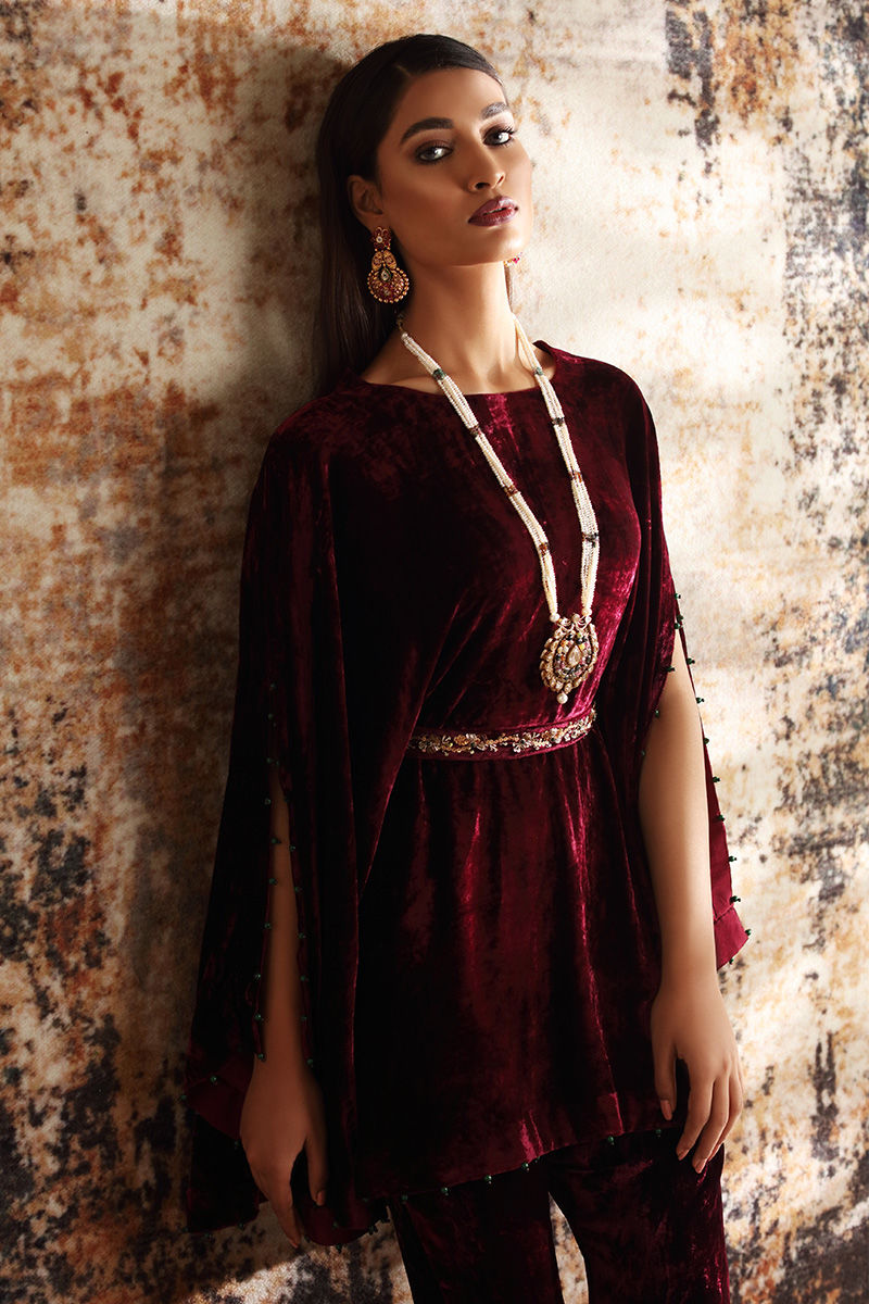 Pakistani Maroon Velvet Cape Dress with Bootcut Trousers (2-Piece) - Image 6