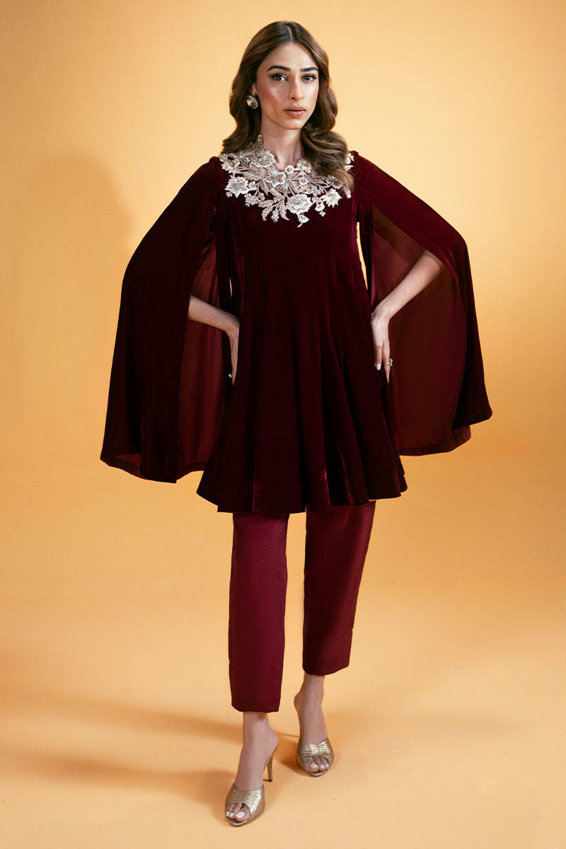 Pakistani Maroon Embellished Velvet Cape Dress (2-Piece) - Image 1