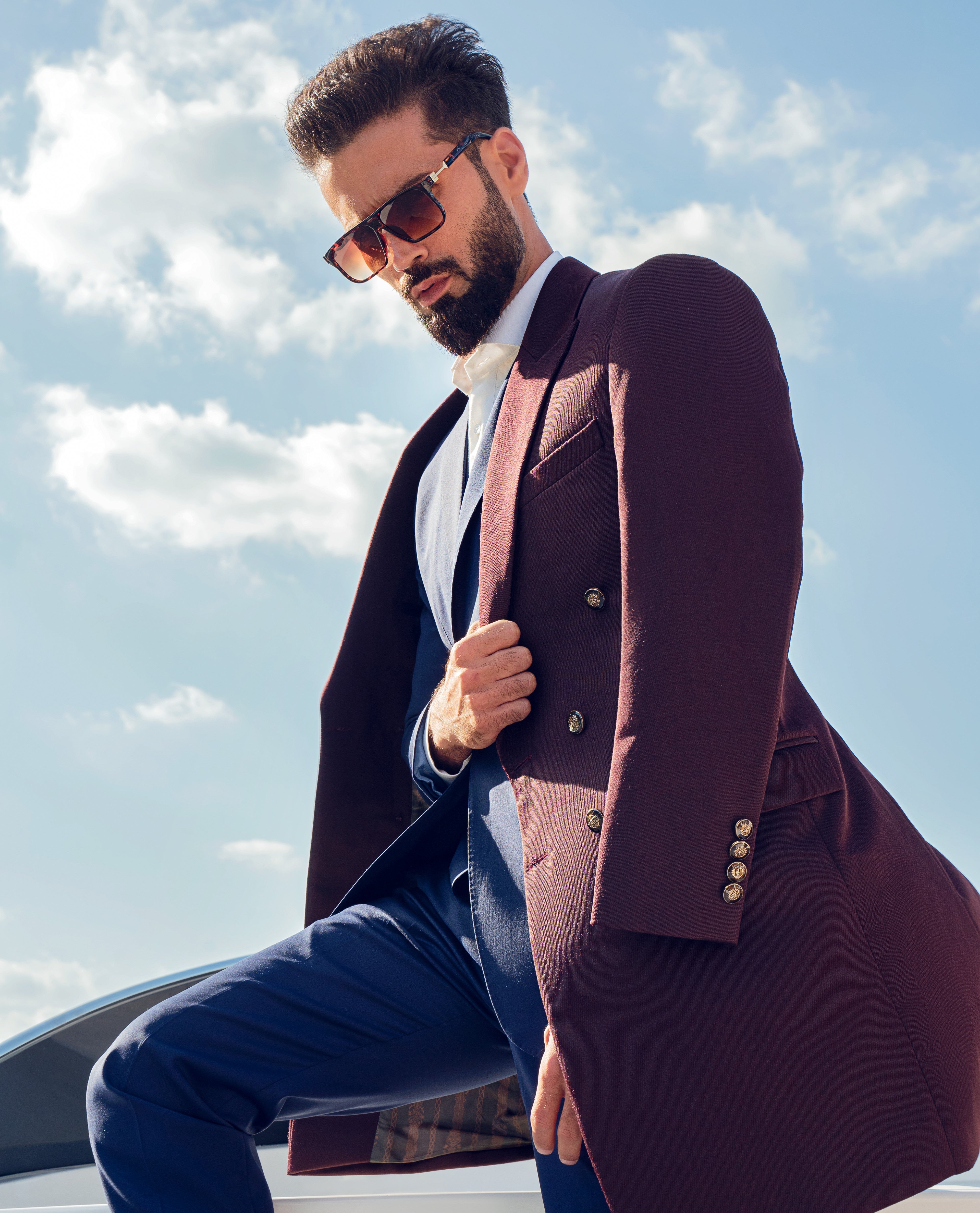 Maroon Tweed Long Chester Coat (1-Pc) - Image 1