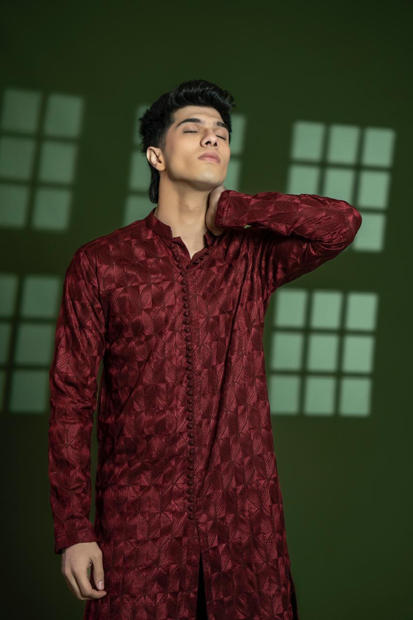 Maroon Embroidered Blended Kurta Set (2-Piece) - Image 3