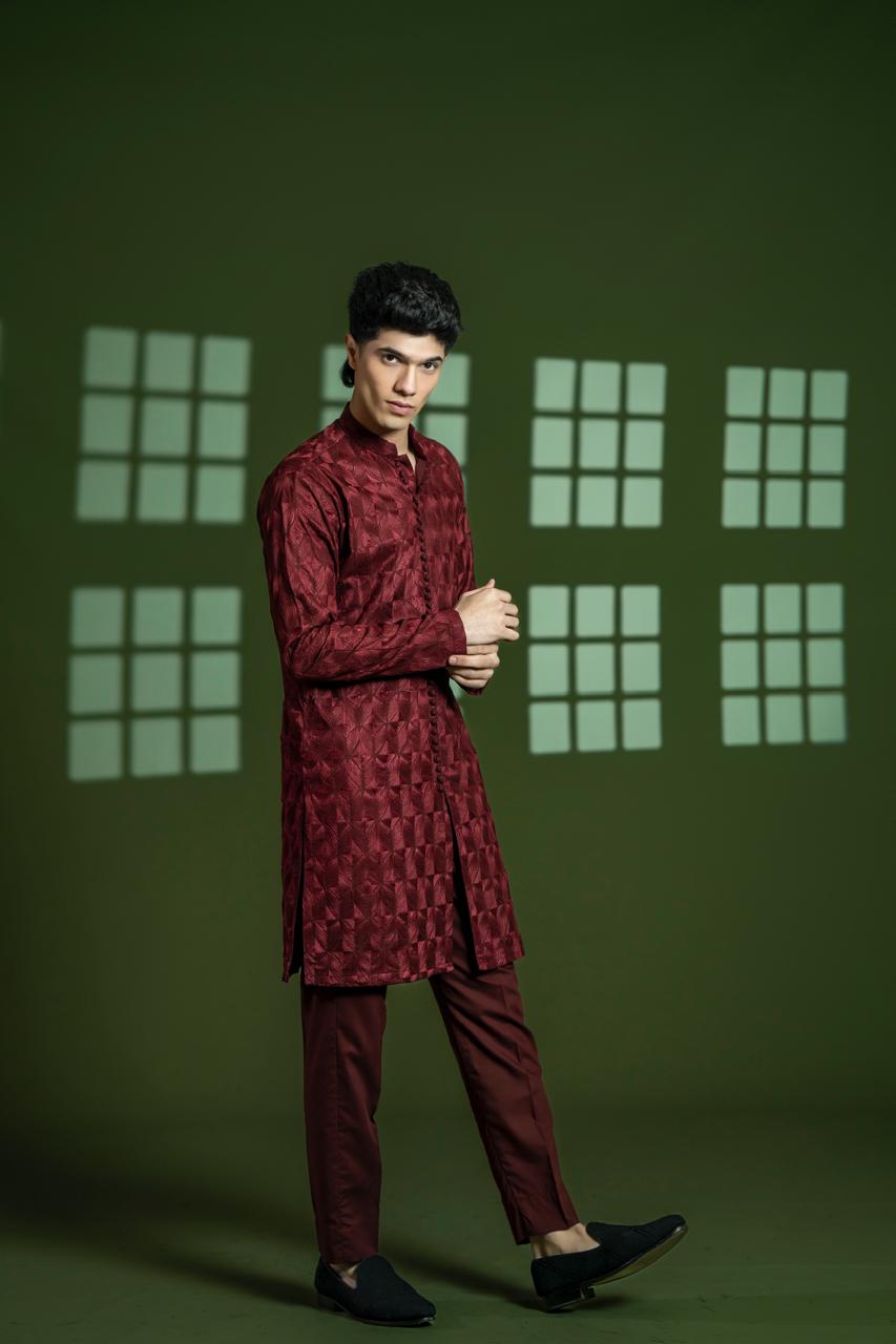 Maroon Embroidered Blended Kurta Set (2-Piece) - Image 6