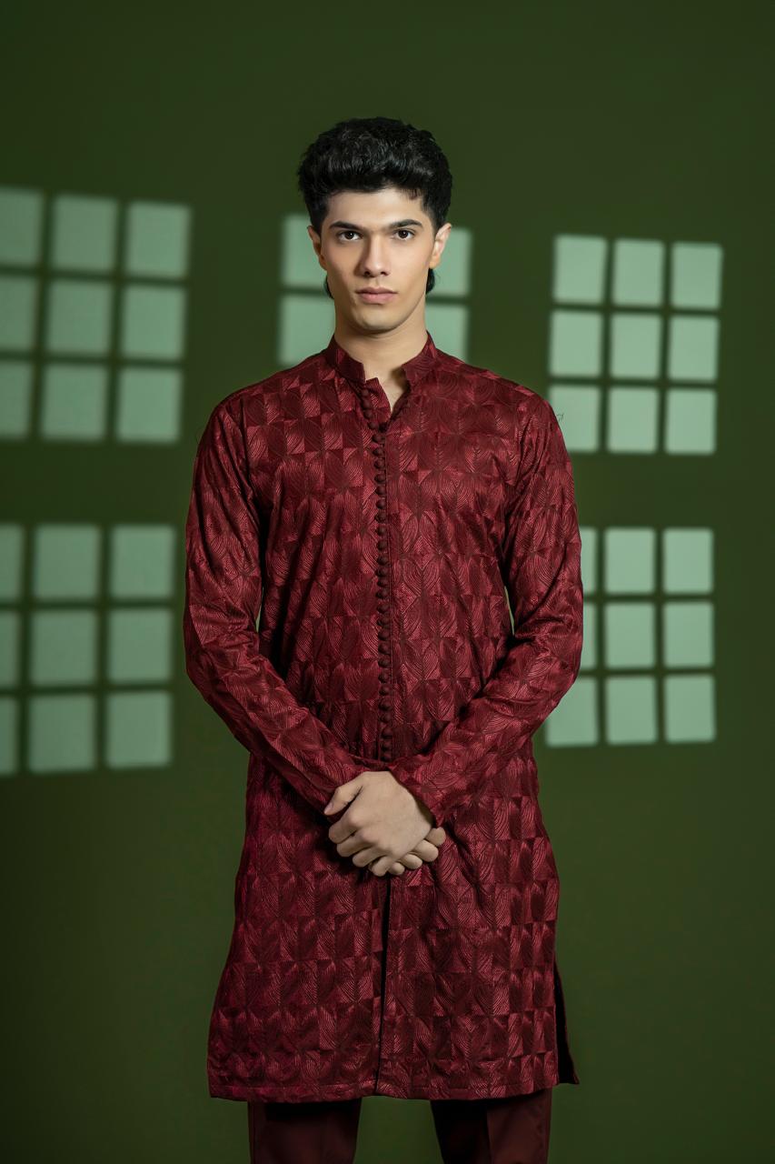 Maroon Embroidered Blended Kurta Set (2-Piece) - Image 2