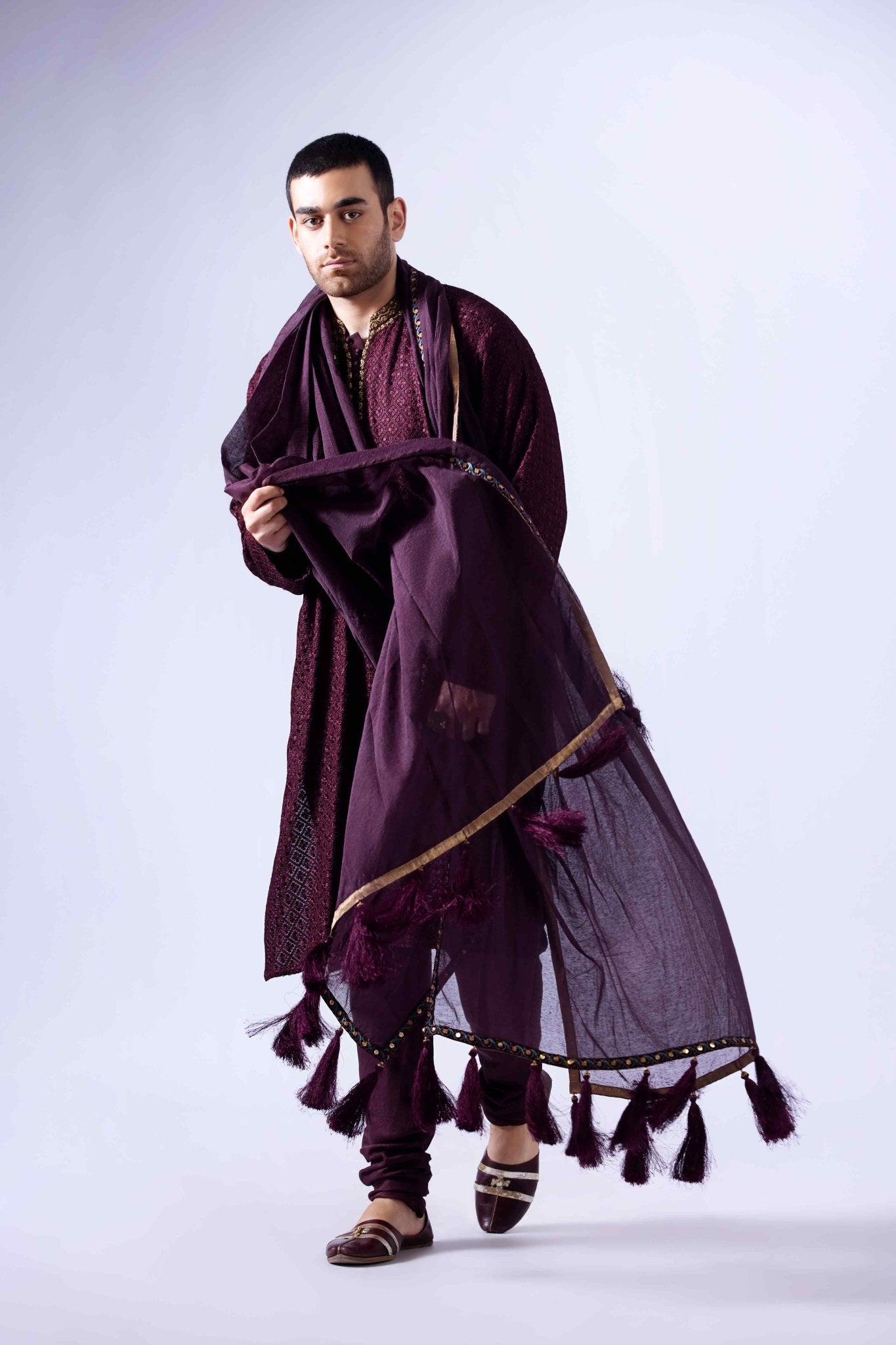 Maroon Antique Zardozi Chiffon Kurta (3-Piece) - Image 2