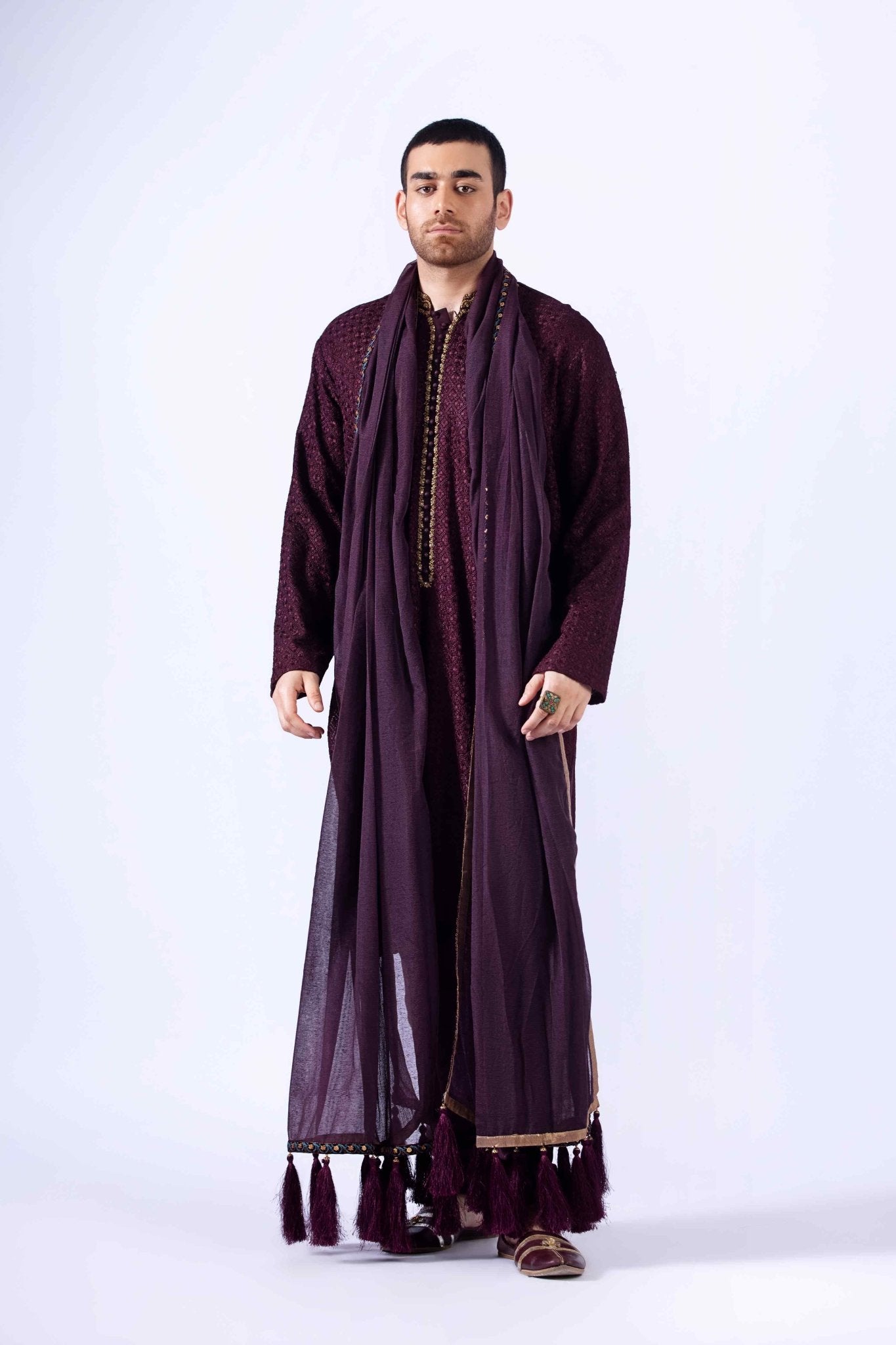 Maroon Antique Zardozi Chiffon Kurta (3-Piece) - Image 4