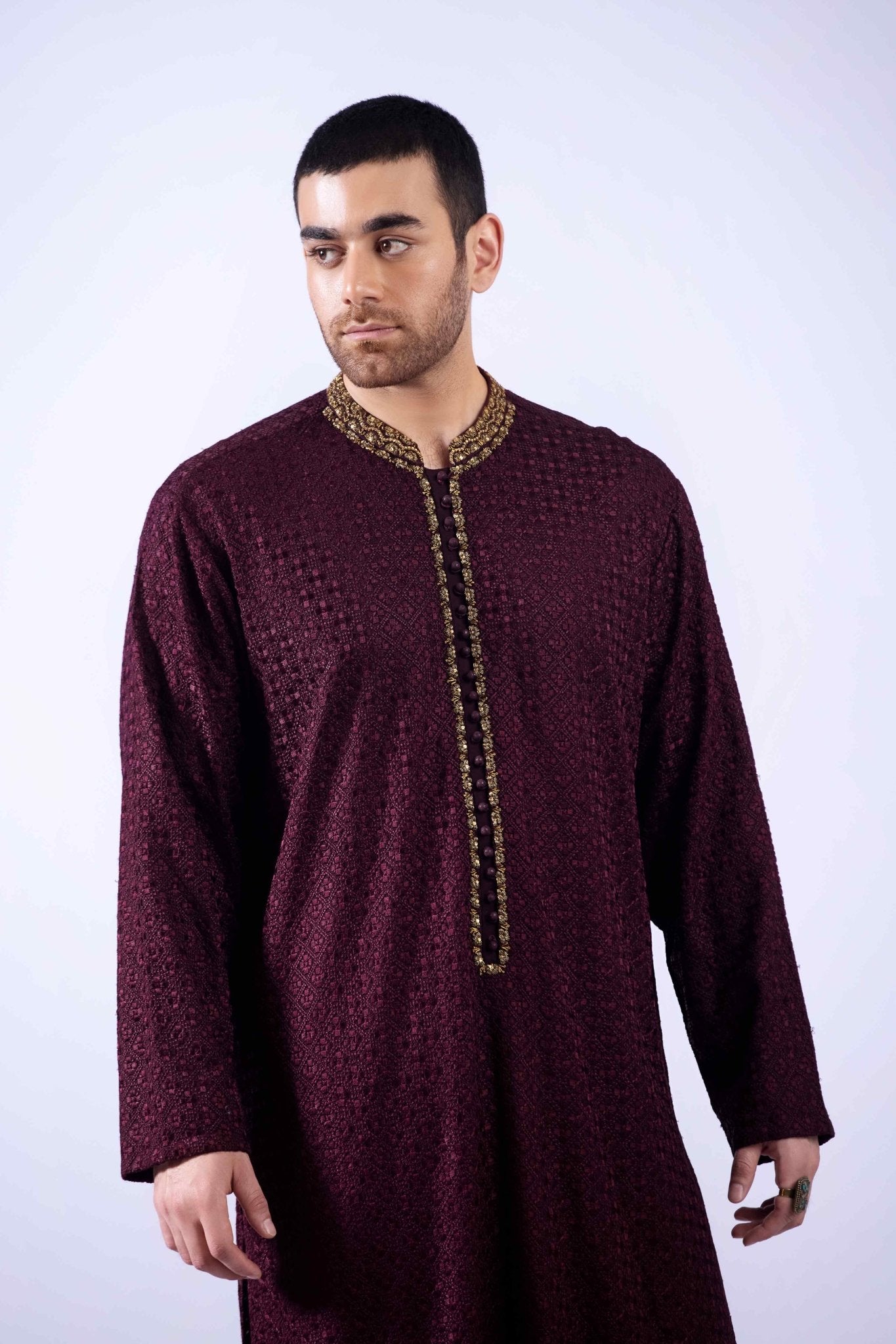 Maroon Antique Zardozi Chiffon Kurta (3-Piece) - Image 5