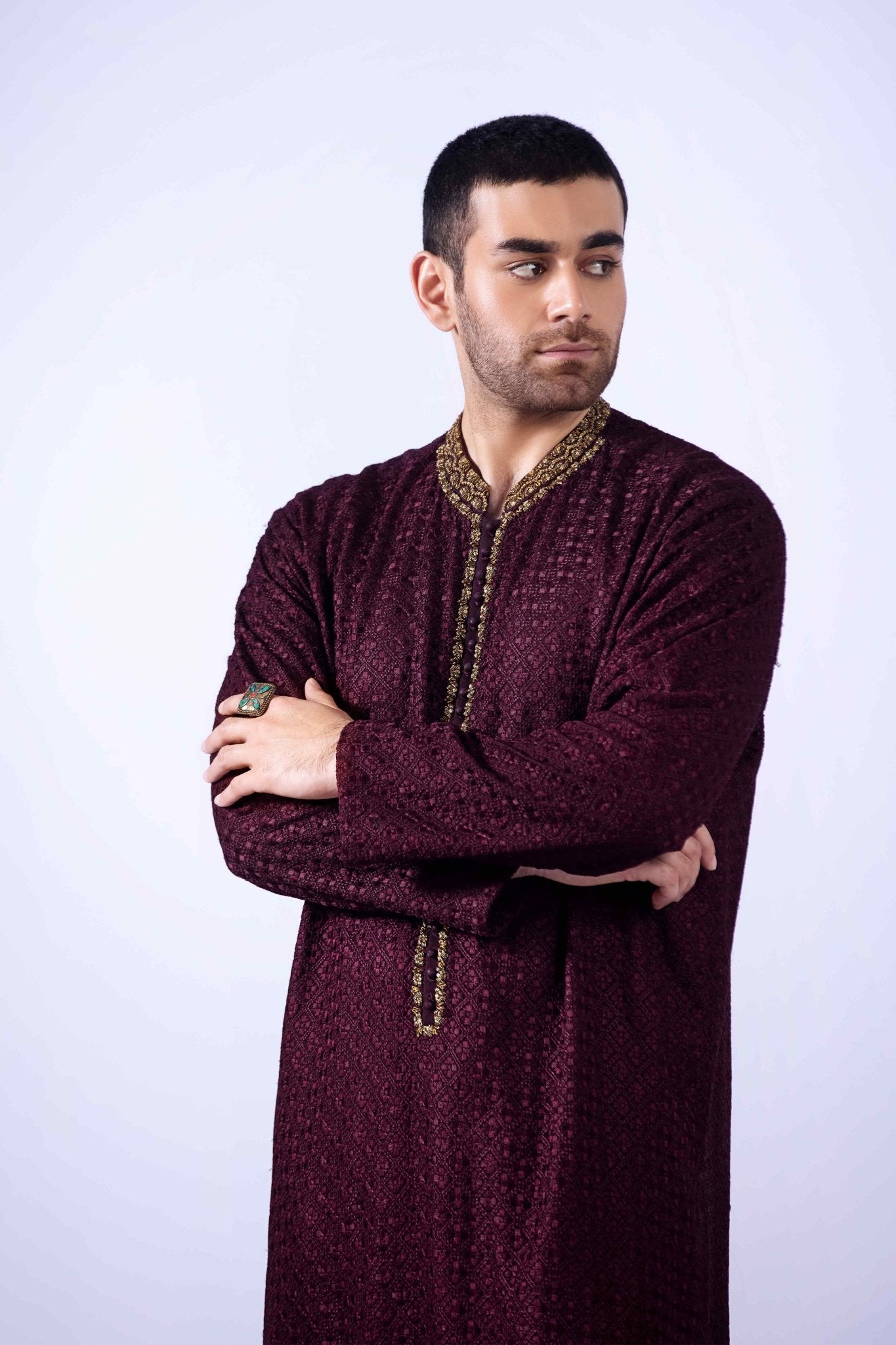 Maroon Antique Zardozi Chiffon Kurta (3-Piece) - Image 6