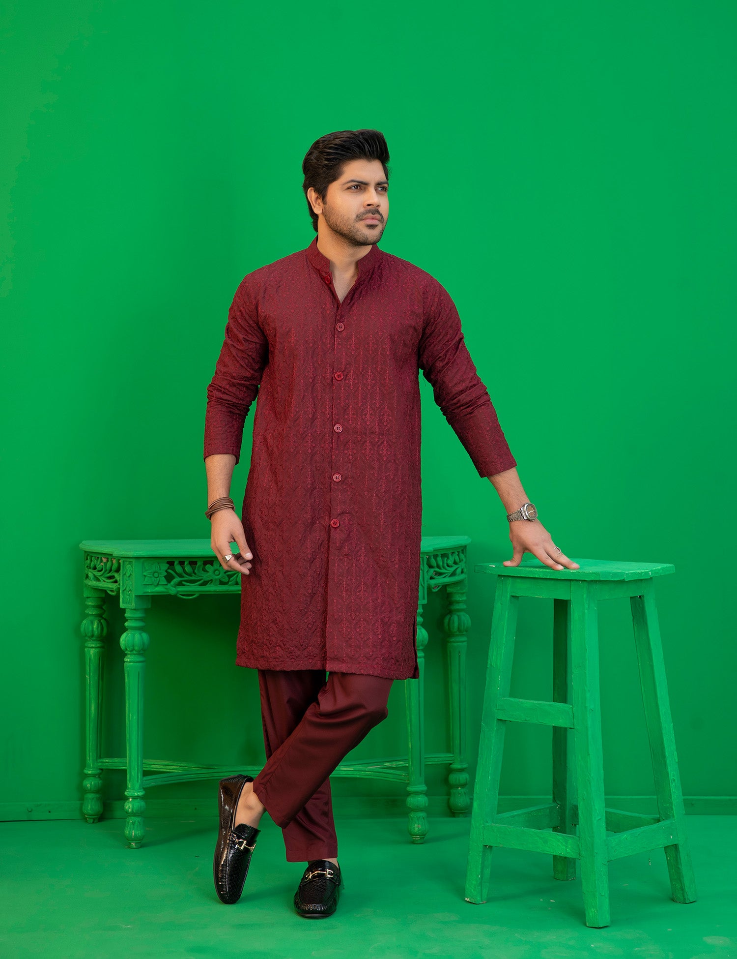 Maroon Embroidered Cotton-Silk Kurta Set (2-Piece) - Image 1