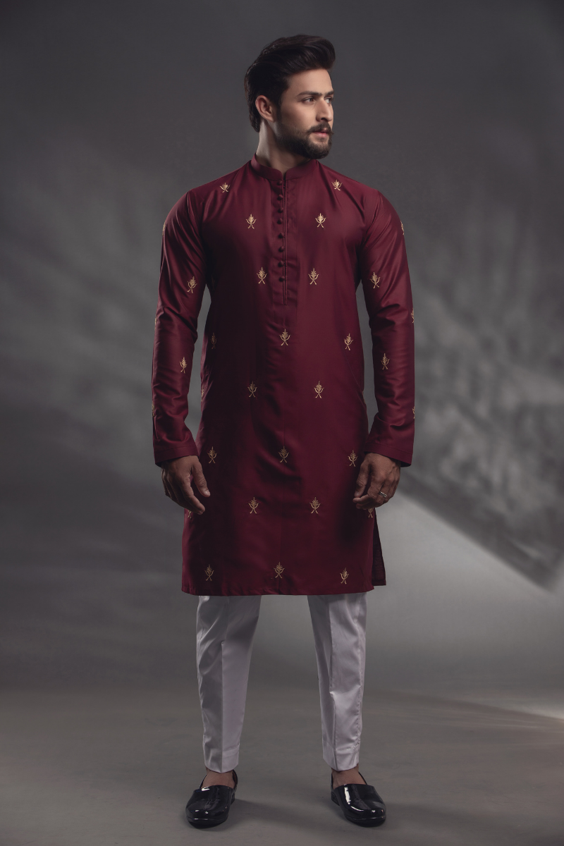 Maroon Embroidered Cotton-Silk Kurta (2-Piece) - Image 1