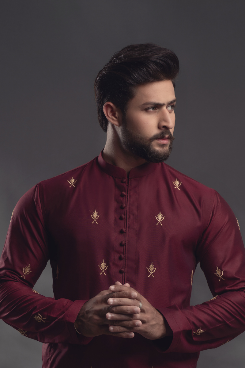 Maroon Embroidered Cotton-Silk Kurta (2-Piece) - Image 2