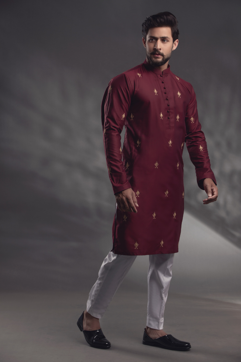 Maroon Embroidered Cotton-Silk Kurta (2-Piece) - Image 3