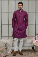 Burgundy Self-Embroidered Cotton Kurta (2-Piece) - Image 2