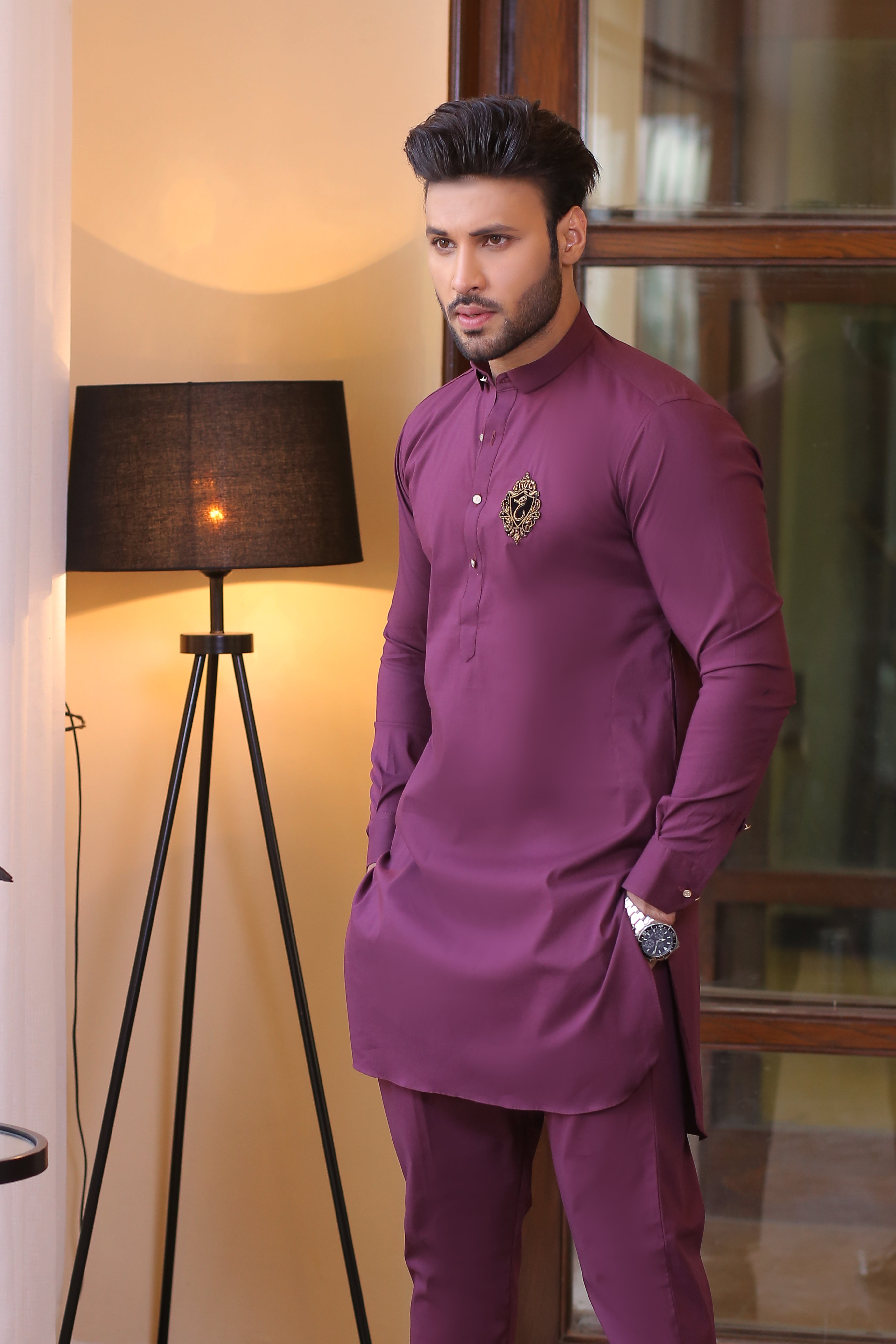 Maroon Embroidered Cotton Kurta Pajama (2-Piece) - Image 1