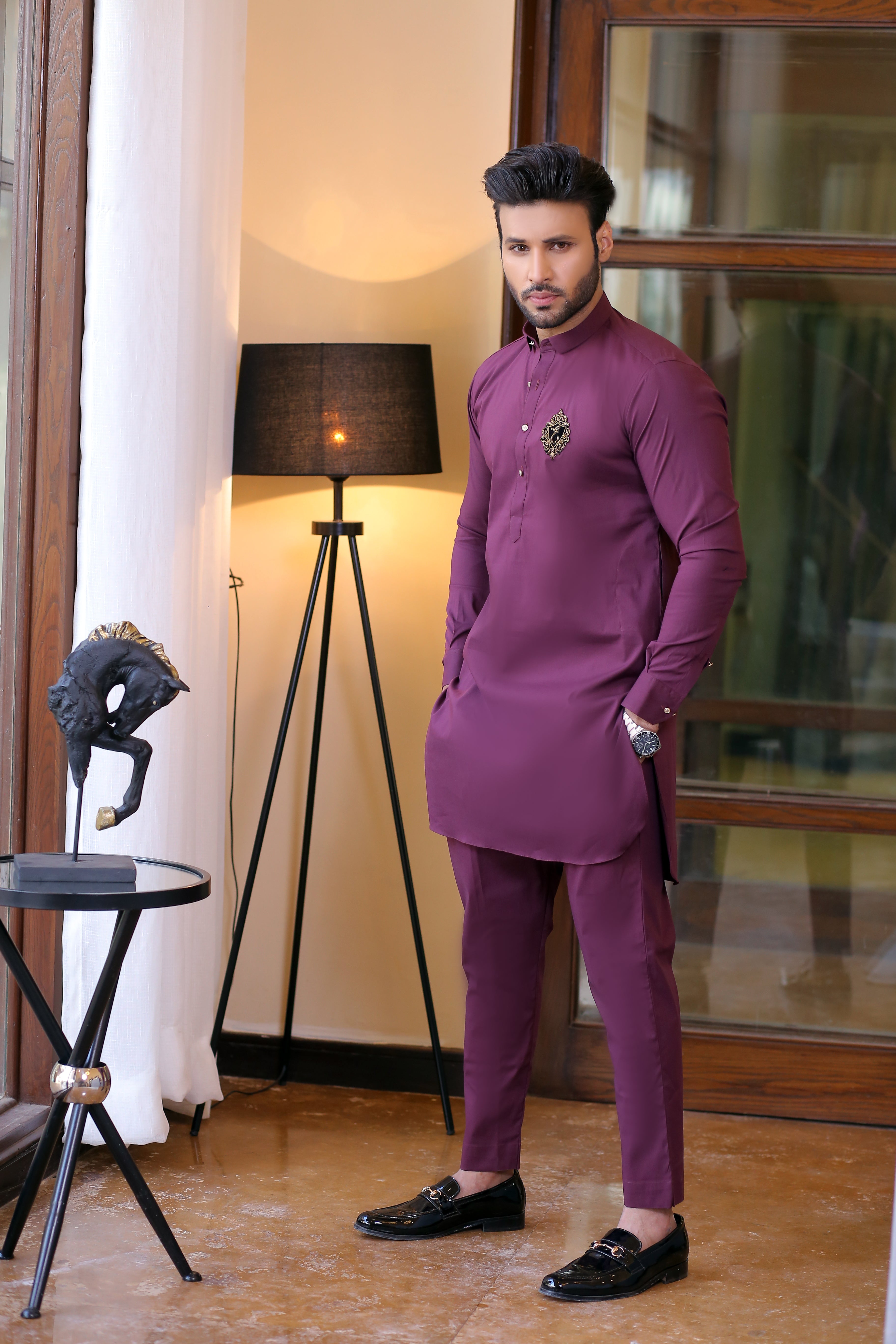 Maroon Embroidered Cotton Kurta Pajama (2-Piece) - Image 2