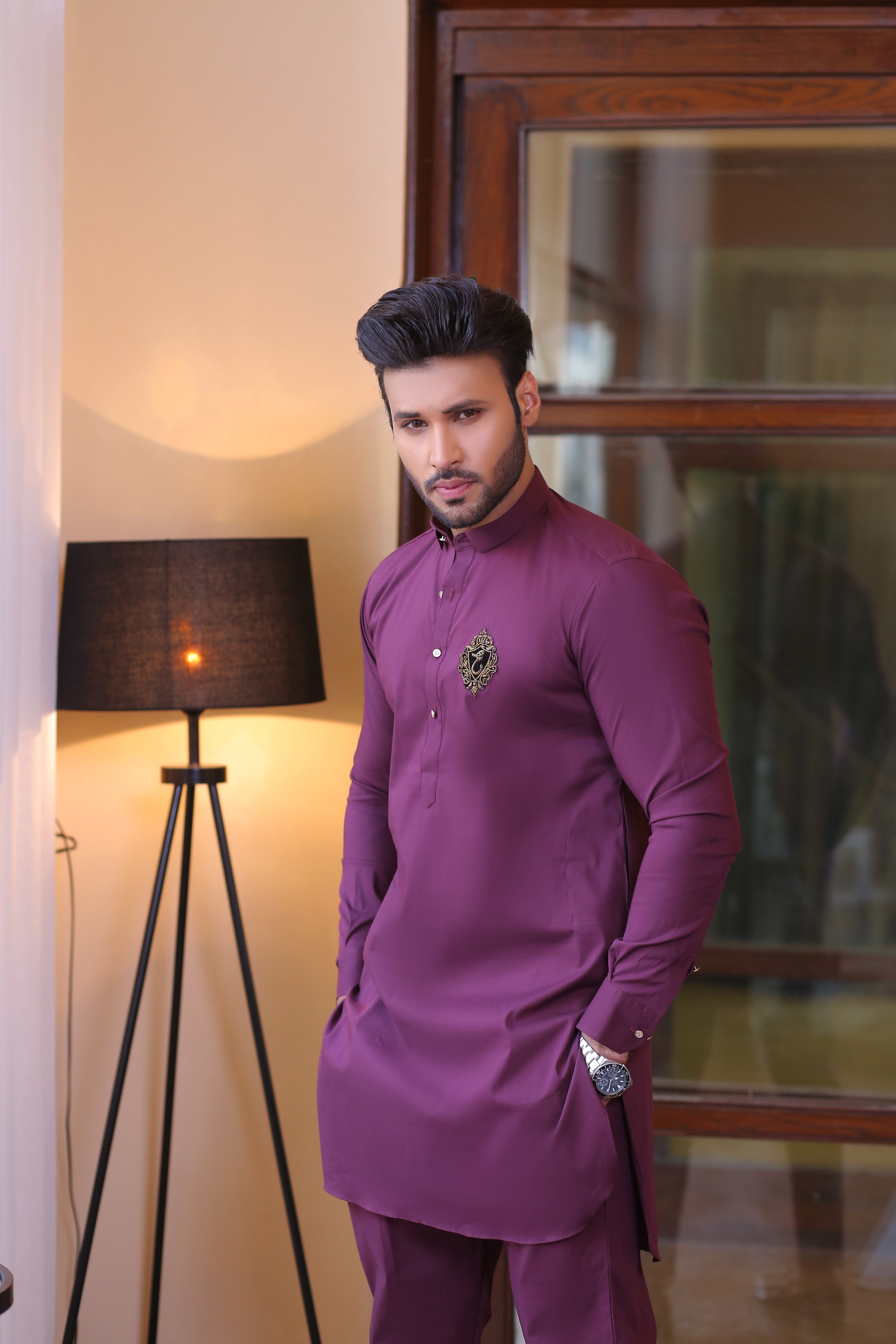 Maroon Embroidered Cotton Kurta Pajama (2-Piece) - Image 3