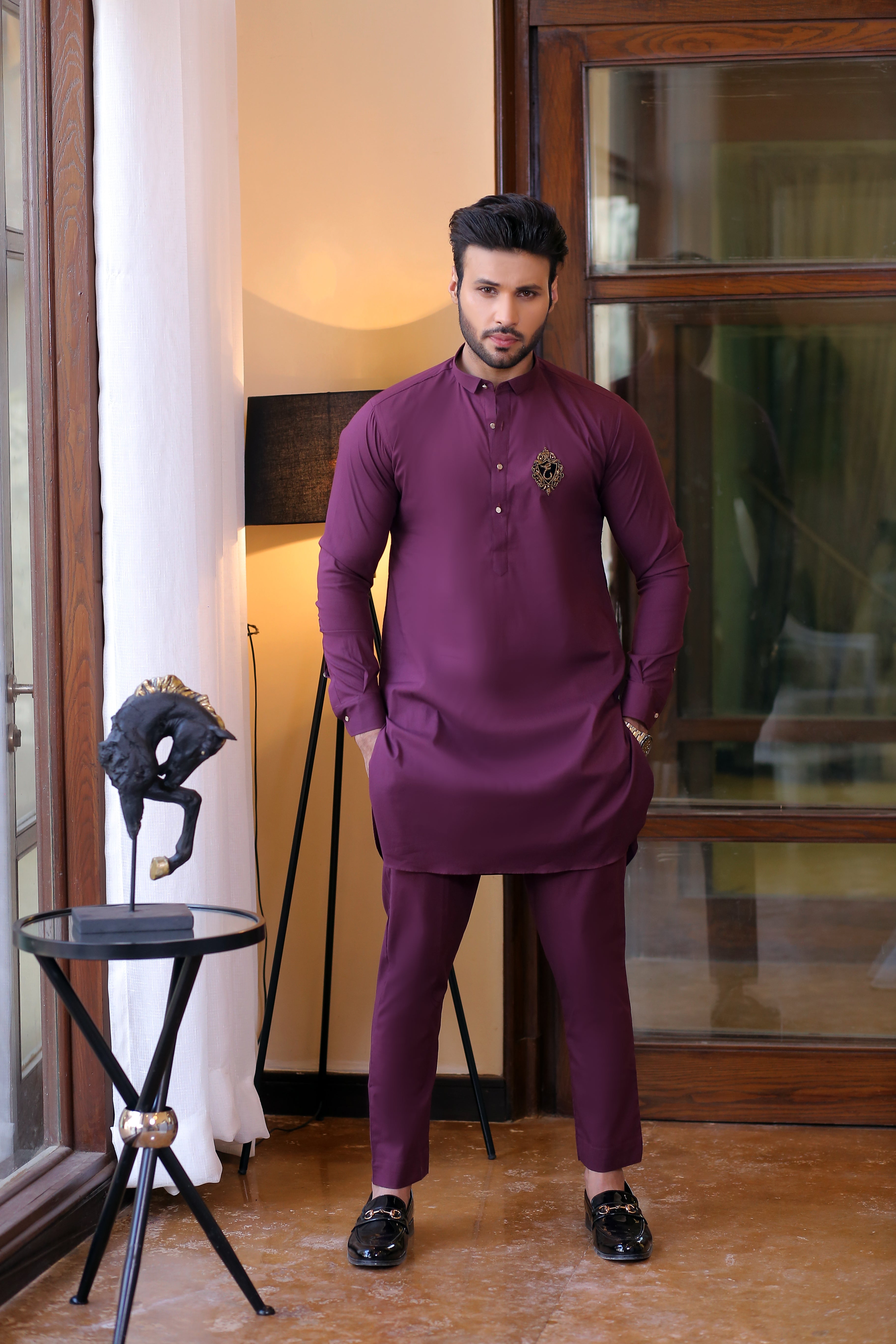 Maroon Embroidered Cotton Kurta Pajama (2-Piece) - Image 4
