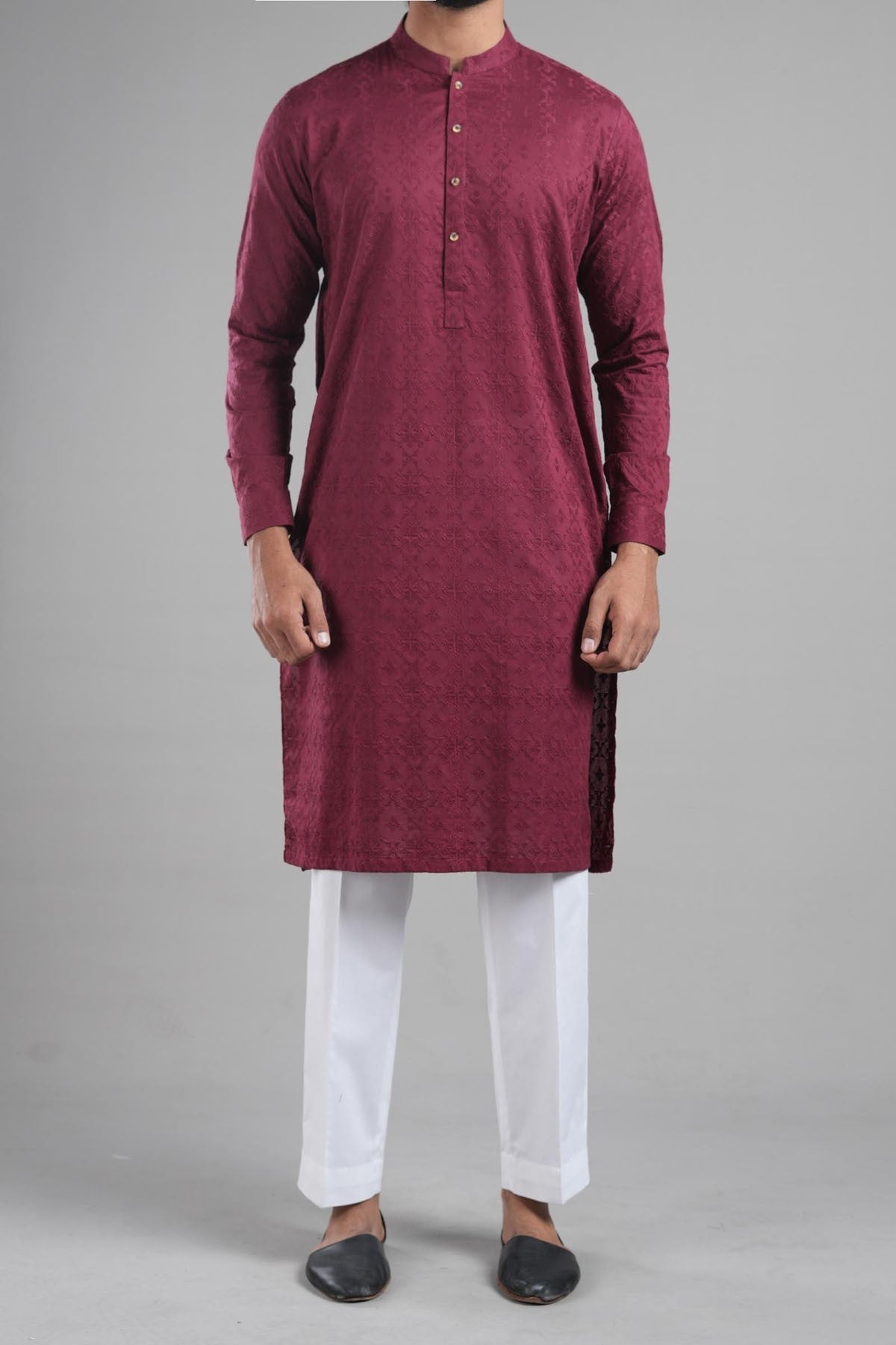 Maroon Embroidered Egyptian Cotton Kurta (2-Piece) - Image 1