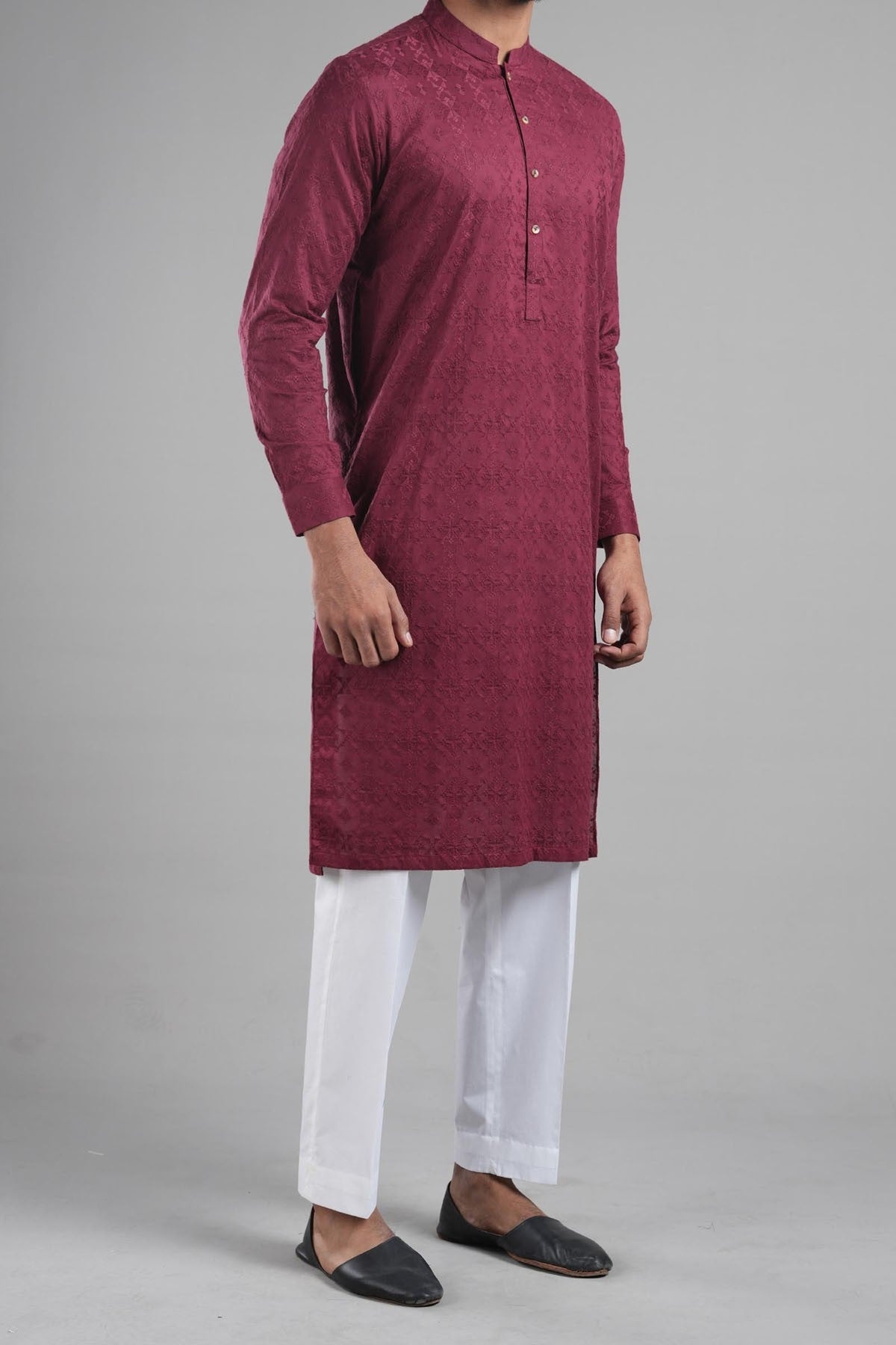 Maroon Embroidered Egyptian Cotton Kurta (2-Piece) - Image 3