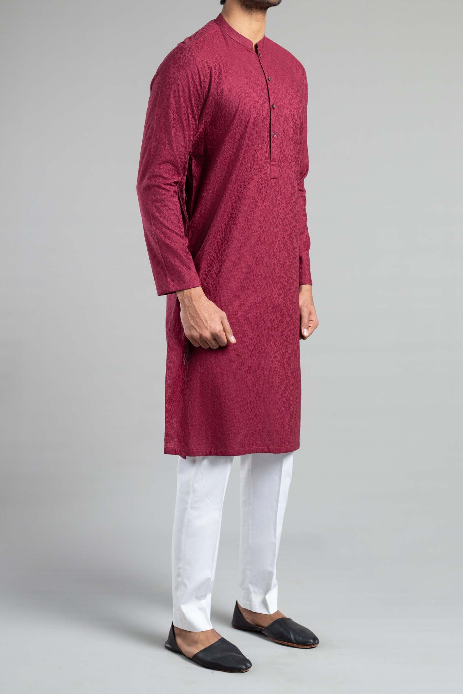 Maroon Embroidered Egyptian Cotton Kurta (2-Piece) - Image 1