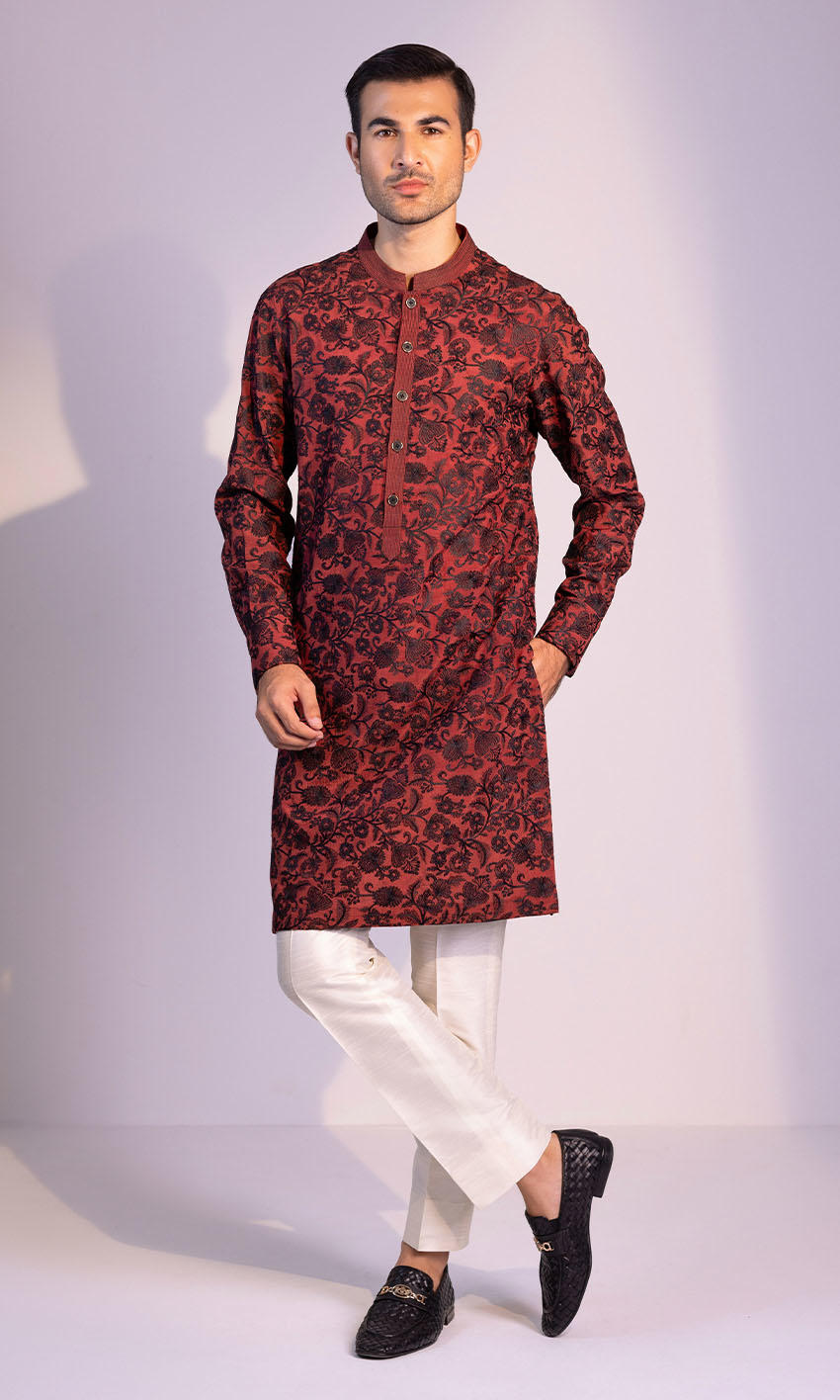 Maroon Black Jacquard Kurta (2-Piece) - Image 1