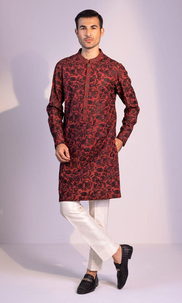 Maroon Black Jacquard Kurta (2-Piece) - Image 2
