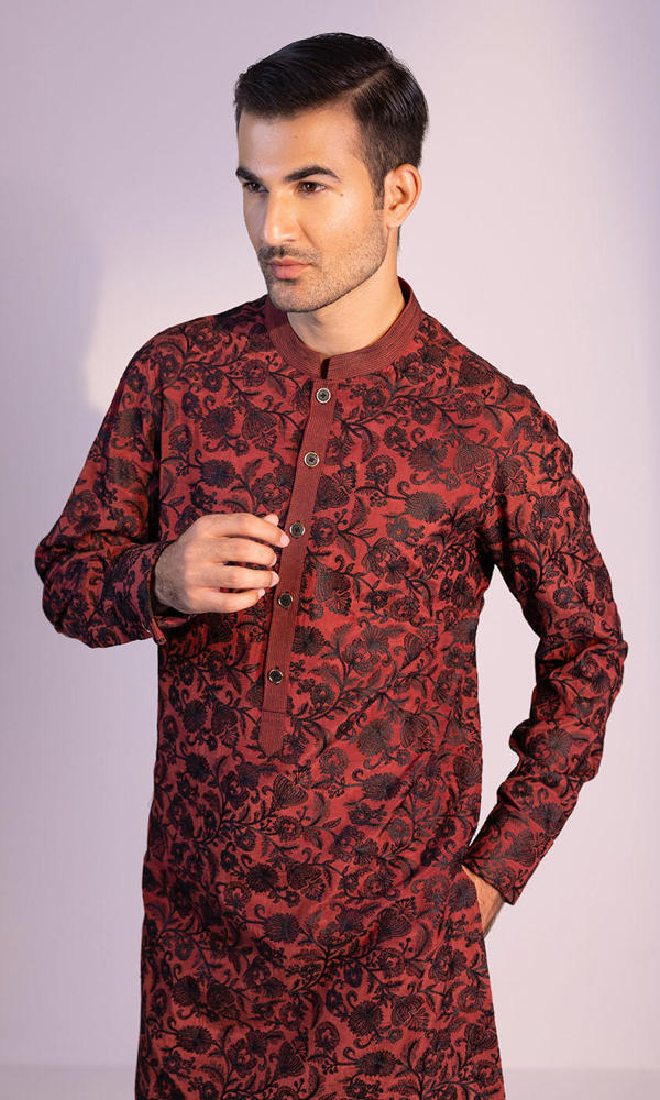 Maroon Black Jacquard Kurta (2-Piece) - Image 3