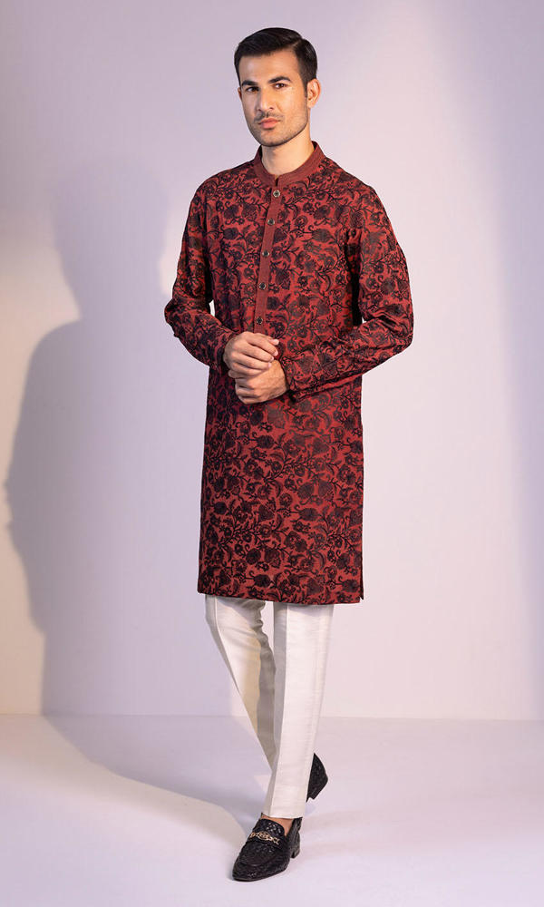 Maroon Black Jacquard Kurta (2-Piece) - Image 4