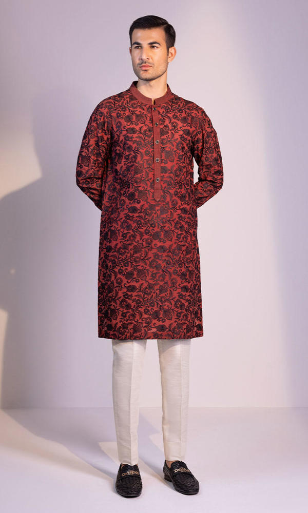 Maroon Black Jacquard Kurta (2-Piece) - Image 5