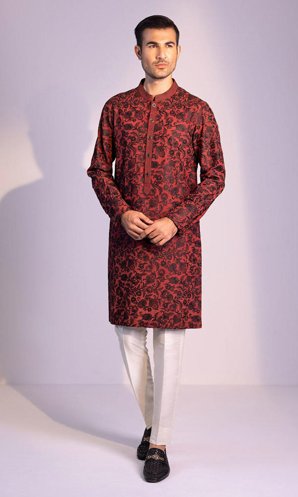 Maroon Black Jacquard Kurta (2-Piece) - Image 6