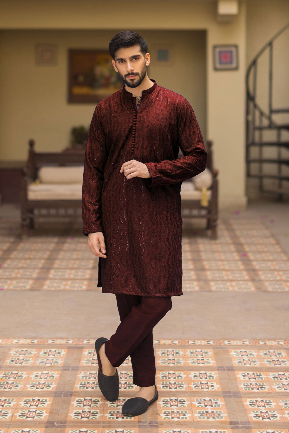 Maroon Embroidered Kurta Pajama Set (2-Piece) - Image 1