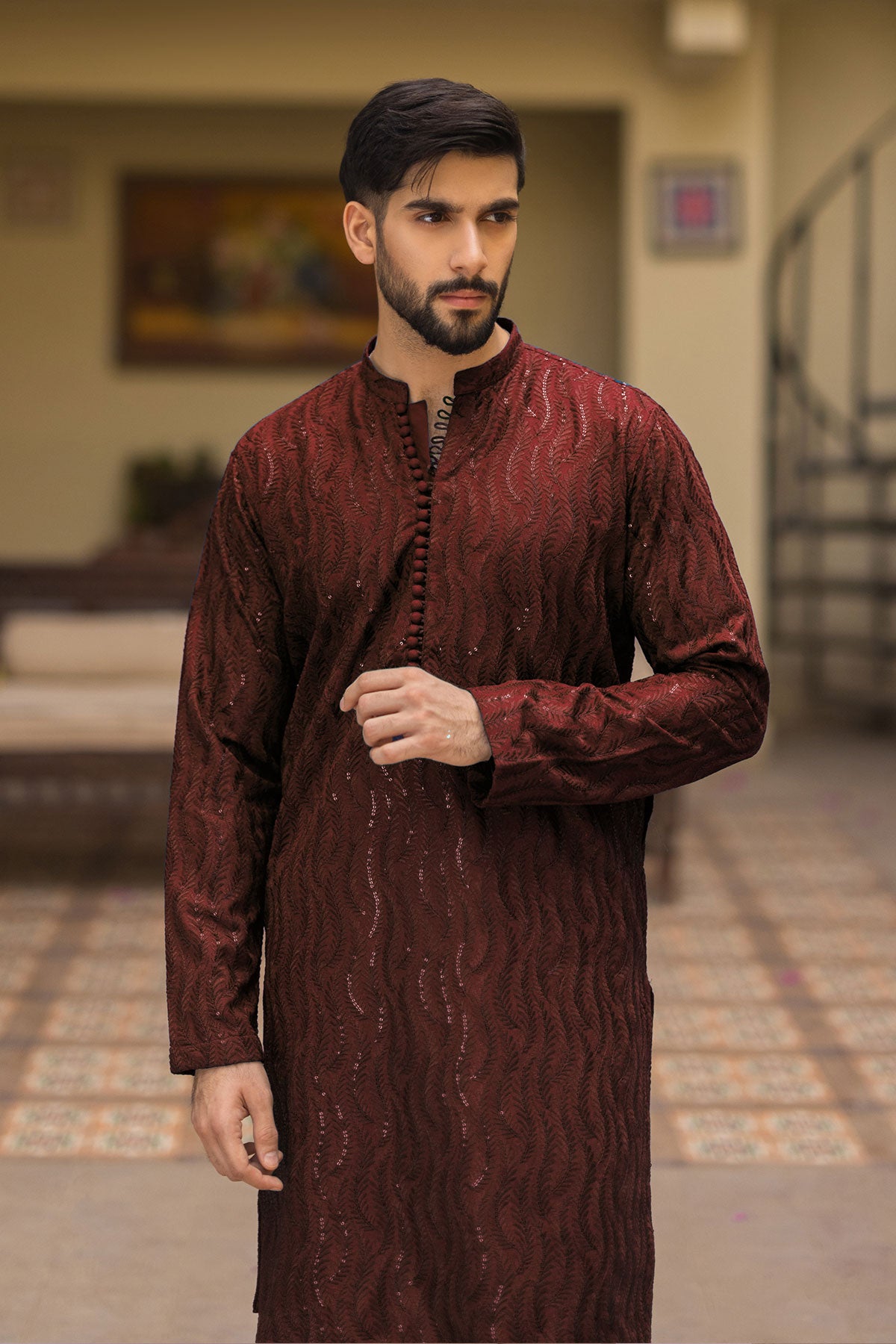 Maroon Embroidered Kurta Pajama Set (2-Piece) - Image 2