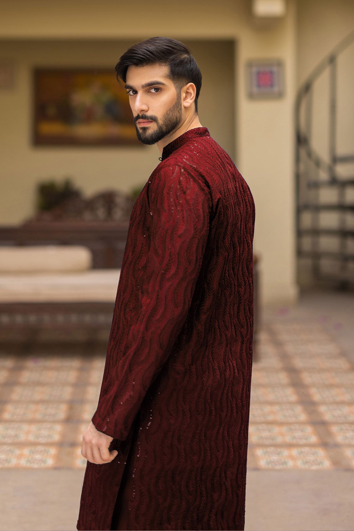 Maroon Embroidered Kurta Pajama Set (2-Piece) - Image 3