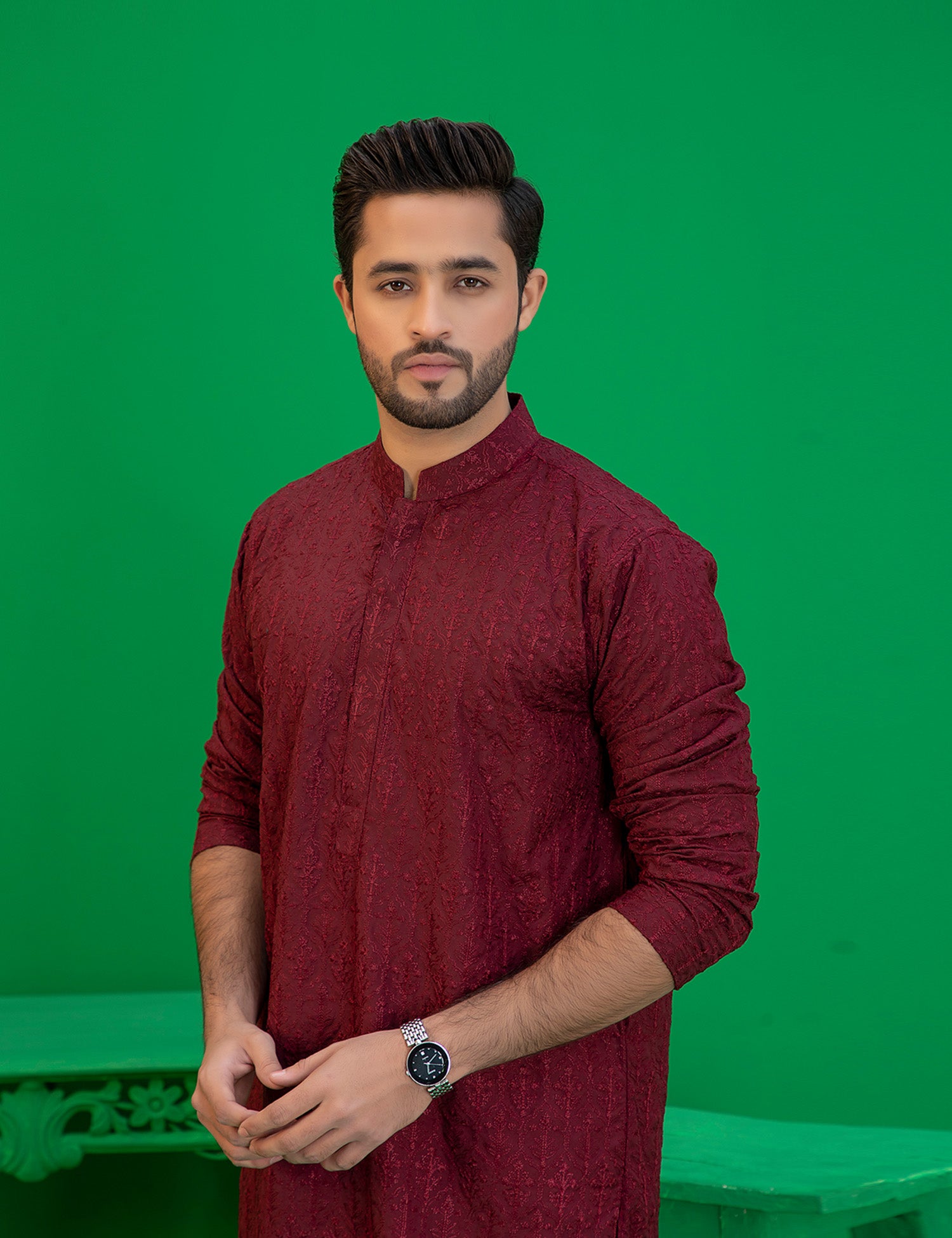 Maroon Embroidered Textured Kurta with Trousers (2-Piece) - Image 5