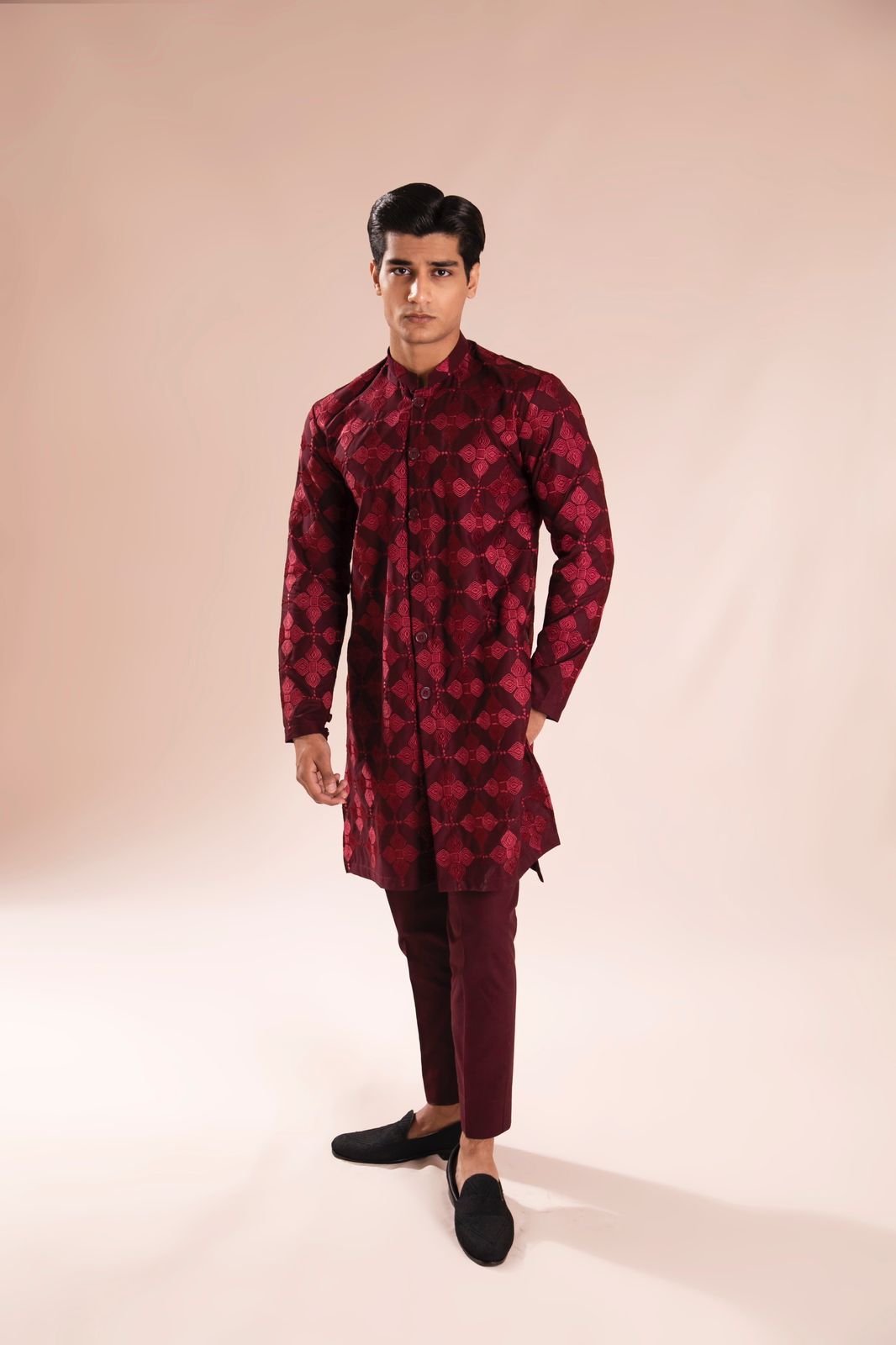 Mehroon Embroidered Wash & Wear Sherwani-Style Kurta Pajama (2-Piece) - Image 1