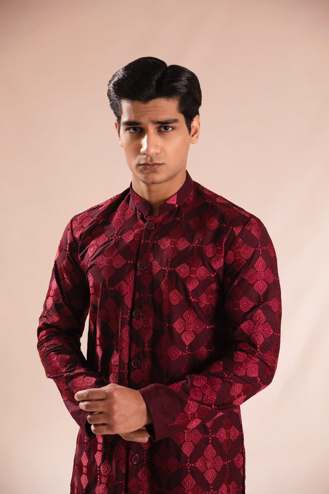 Mehroon Embroidered Wash & Wear Sherwani-Style Kurta Pajama (2-Piece) - Image 2