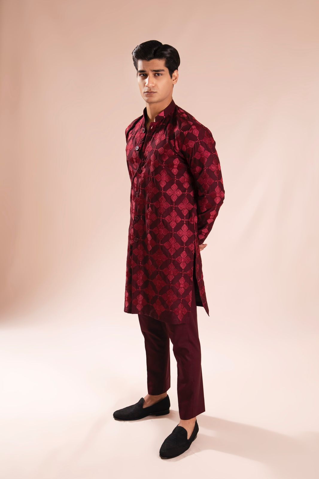 Mehroon Embroidered Wash & Wear Sherwani-Style Kurta Pajama (2-Piece) - Image 3