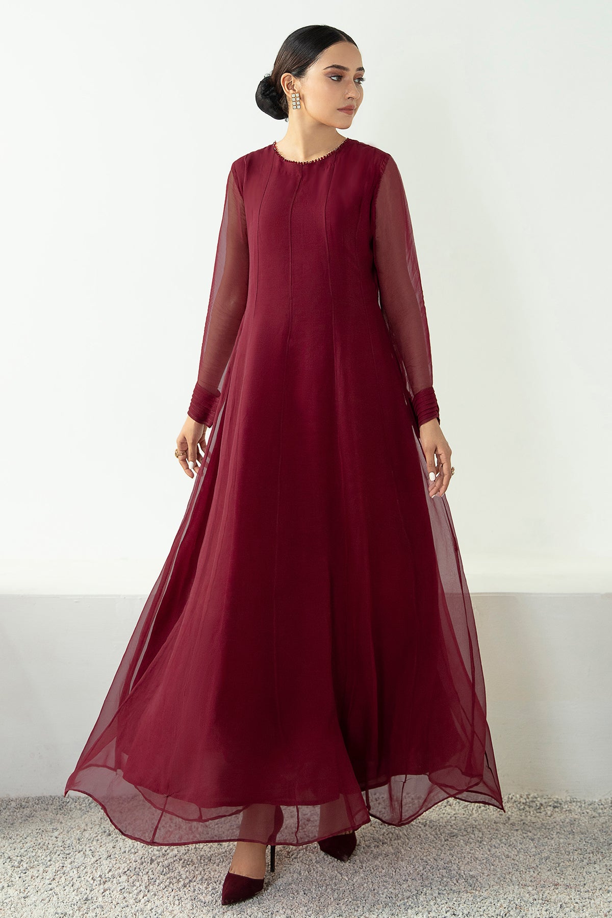 Pakistani Maroon Chiffon Long Frock with Grip Trouser (2-Piece) - Image 1