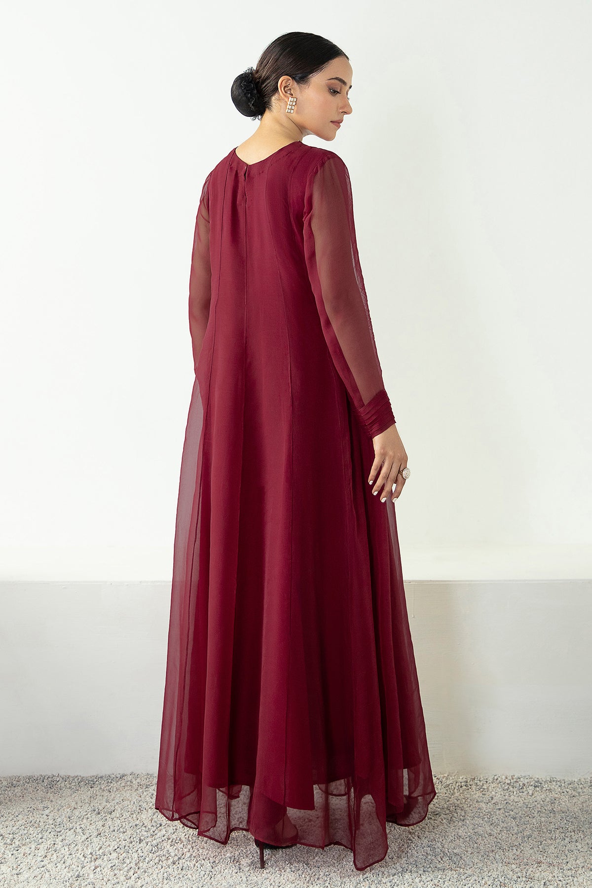 Pakistani Maroon Chiffon Long Frock with Grip Trouser (2-Piece) - Image 2