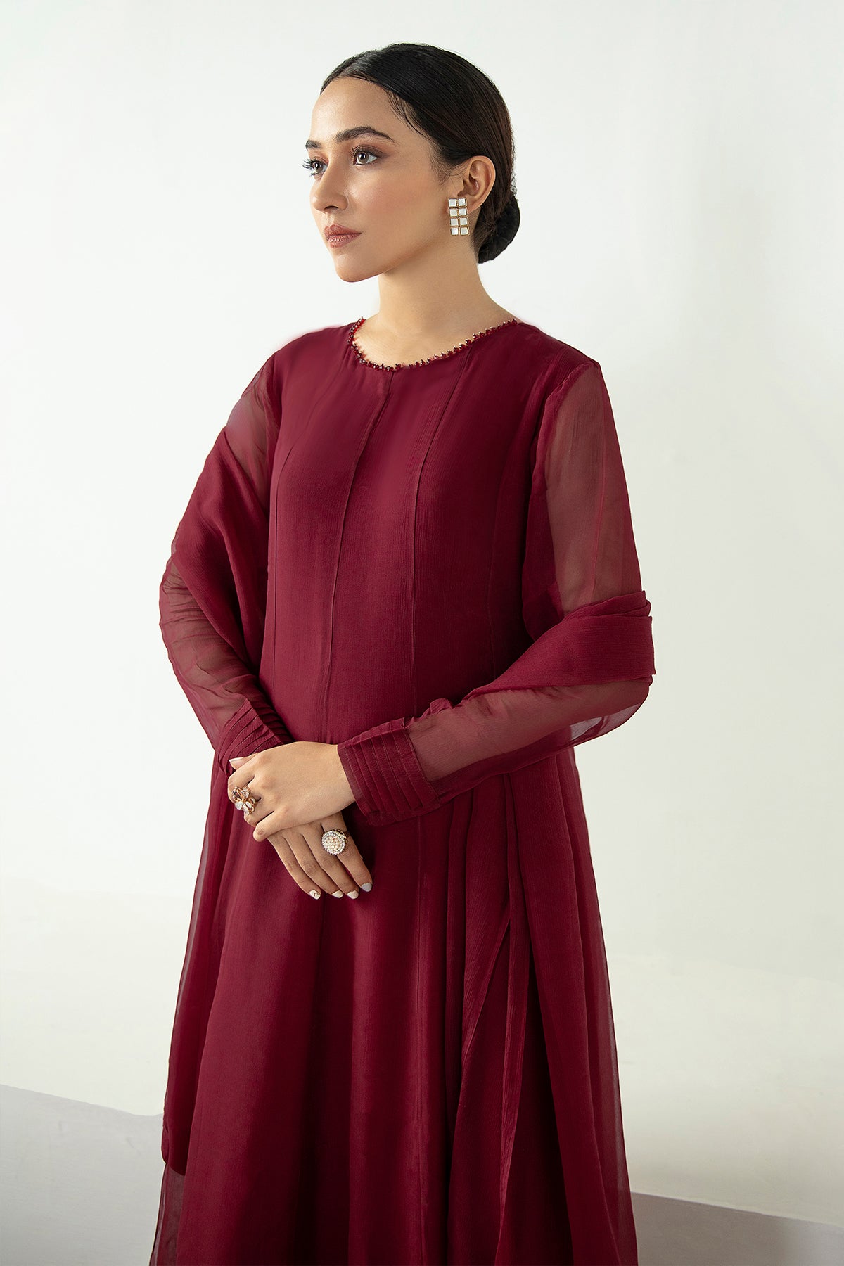 Pakistani Maroon Chiffon Long Frock with Grip Trouser (2-Piece) - Image 3