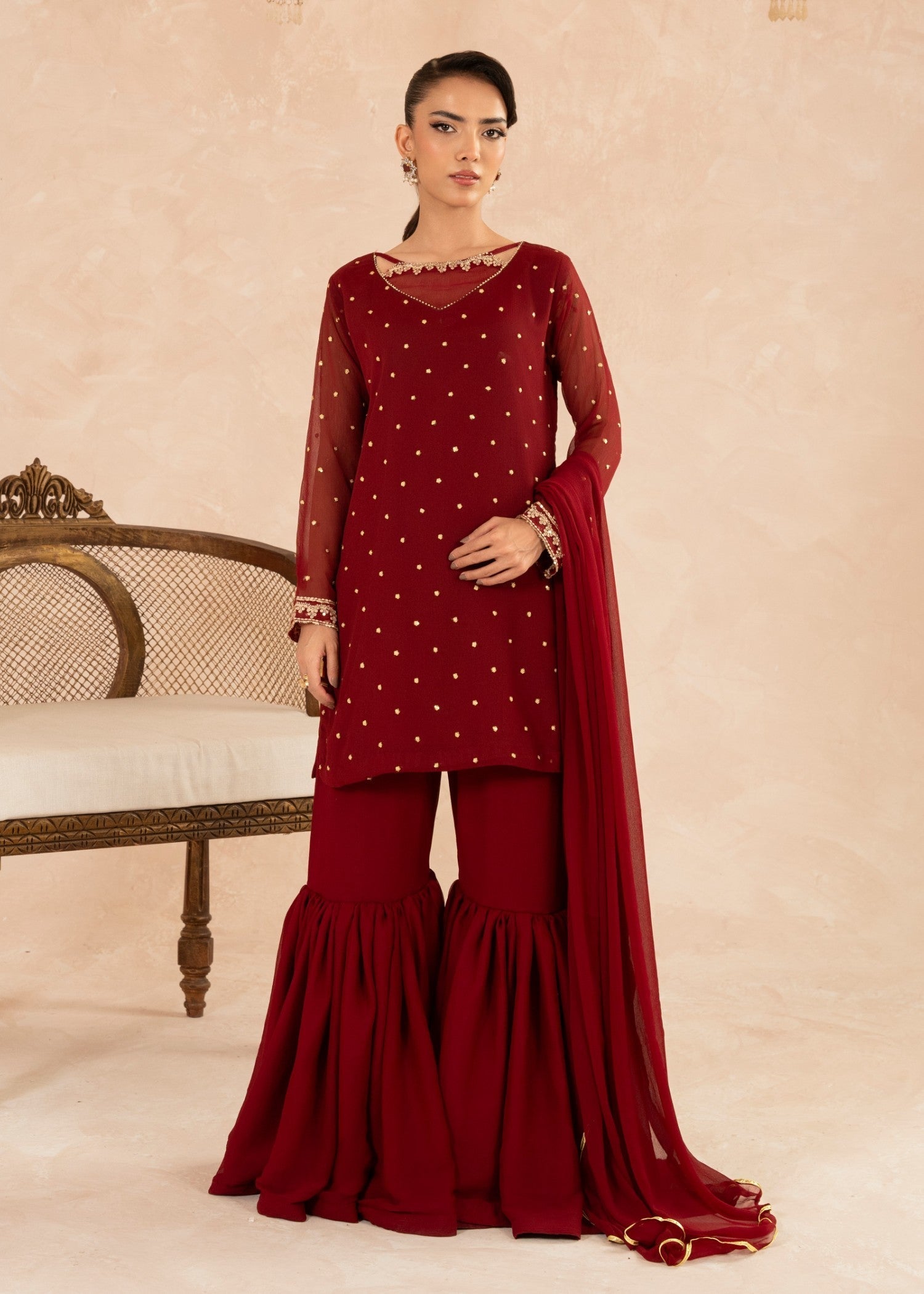 Maroon Sequin Embroidered Chiffon Gharara (3-Piece) - Image 1