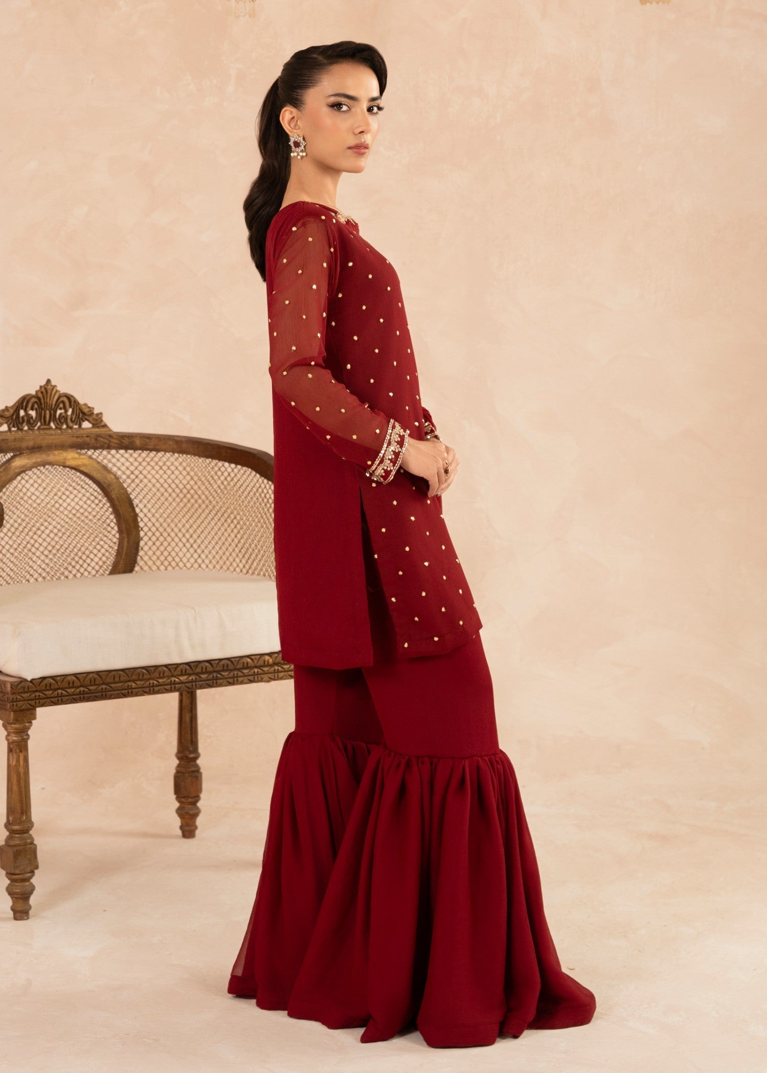 Maroon Sequin Embroidered Chiffon Gharara (3-Piece) - Image 2