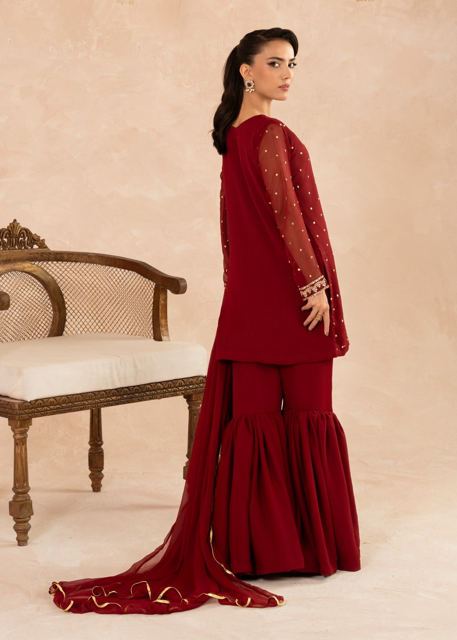 Maroon Sequin Embroidered Chiffon Gharara (3-Piece) - Image 3