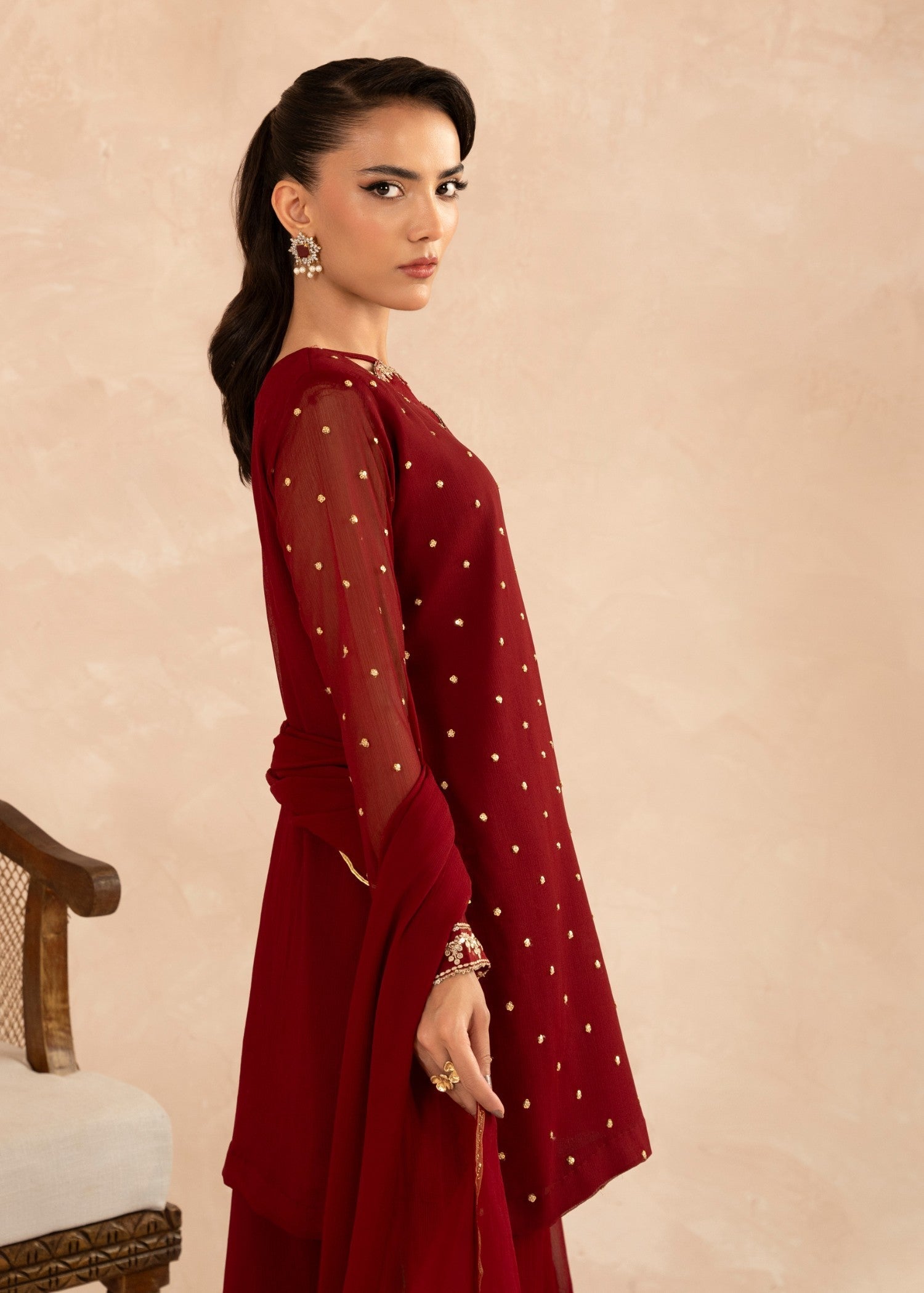 Maroon Sequin Embroidered Chiffon Gharara (3-Piece) - Image 4