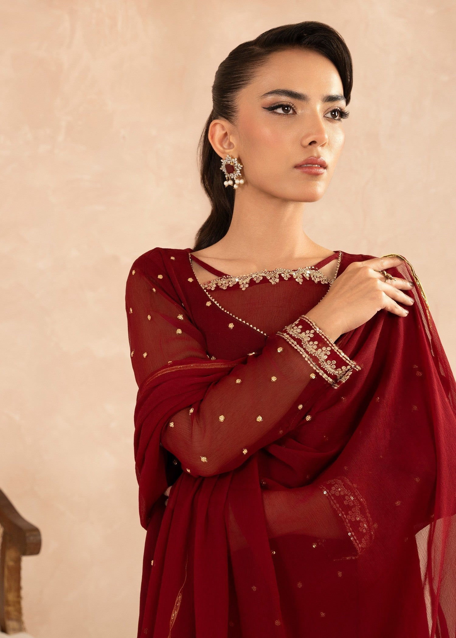Maroon Sequin Embroidered Chiffon Gharara (3-Piece) - Image 5