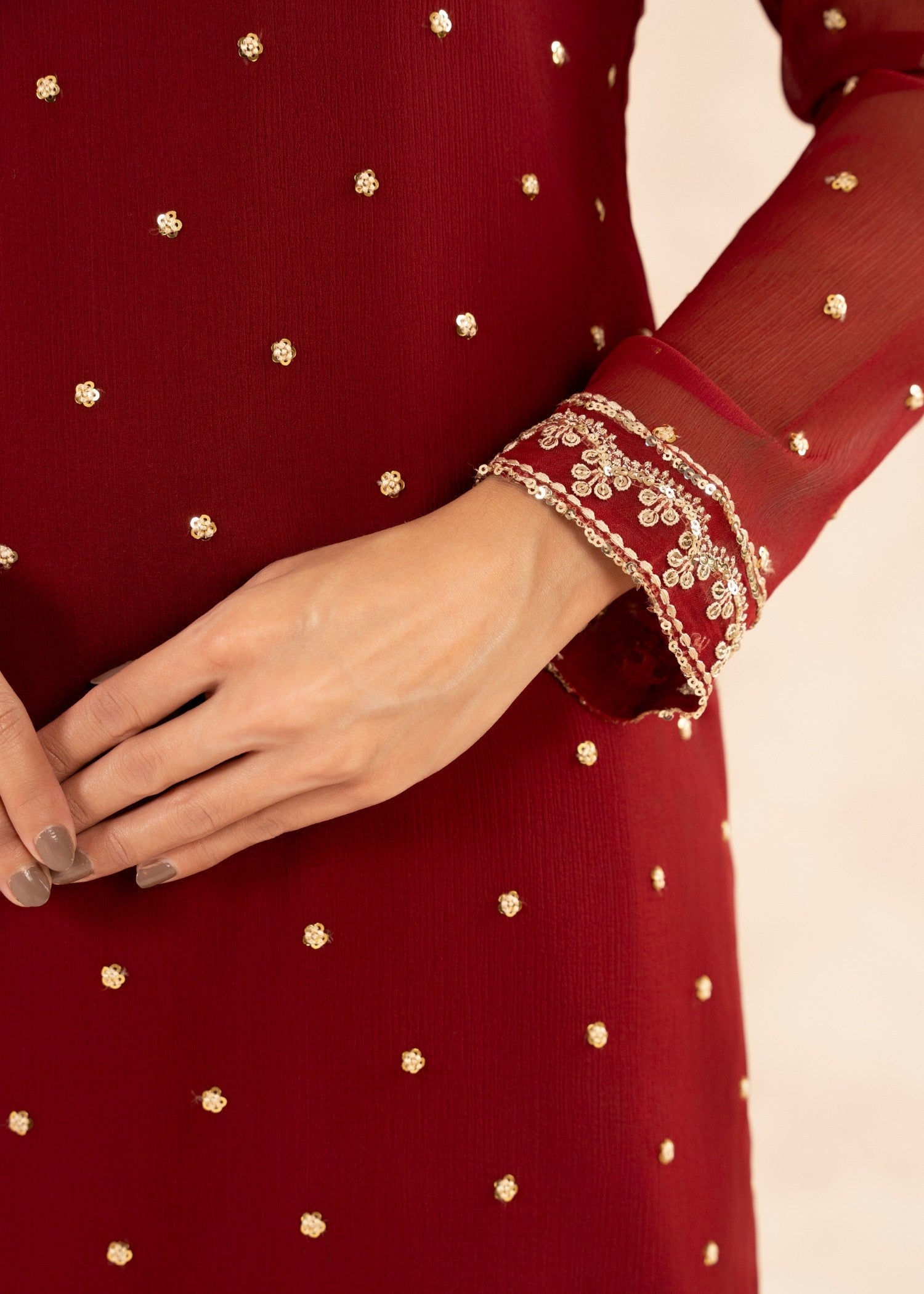 Maroon Sequin Embroidered Chiffon Gharara (3-Piece) - Image 7