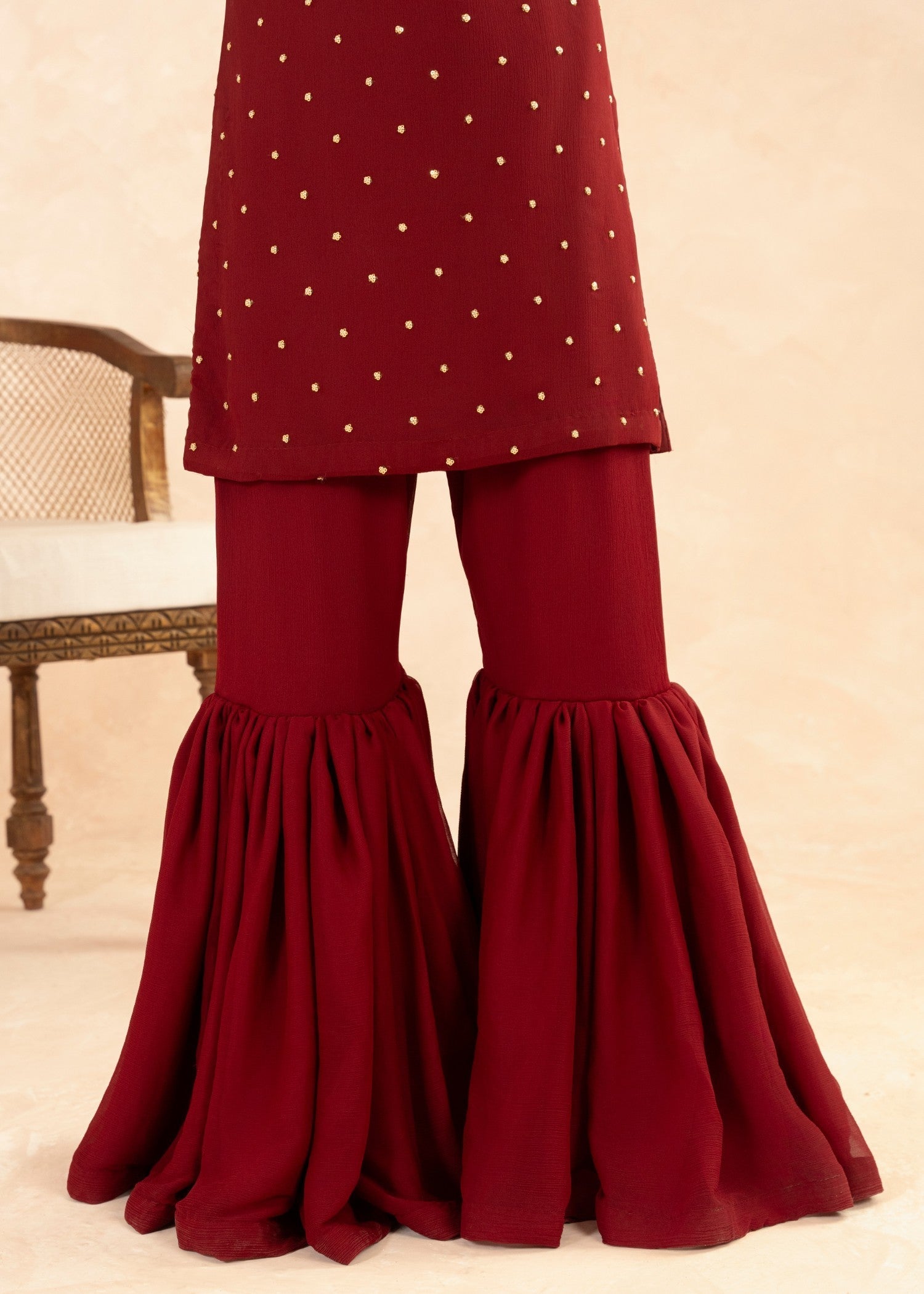 Maroon Sequin Embroidered Chiffon Gharara (3-Piece) - Image 8
