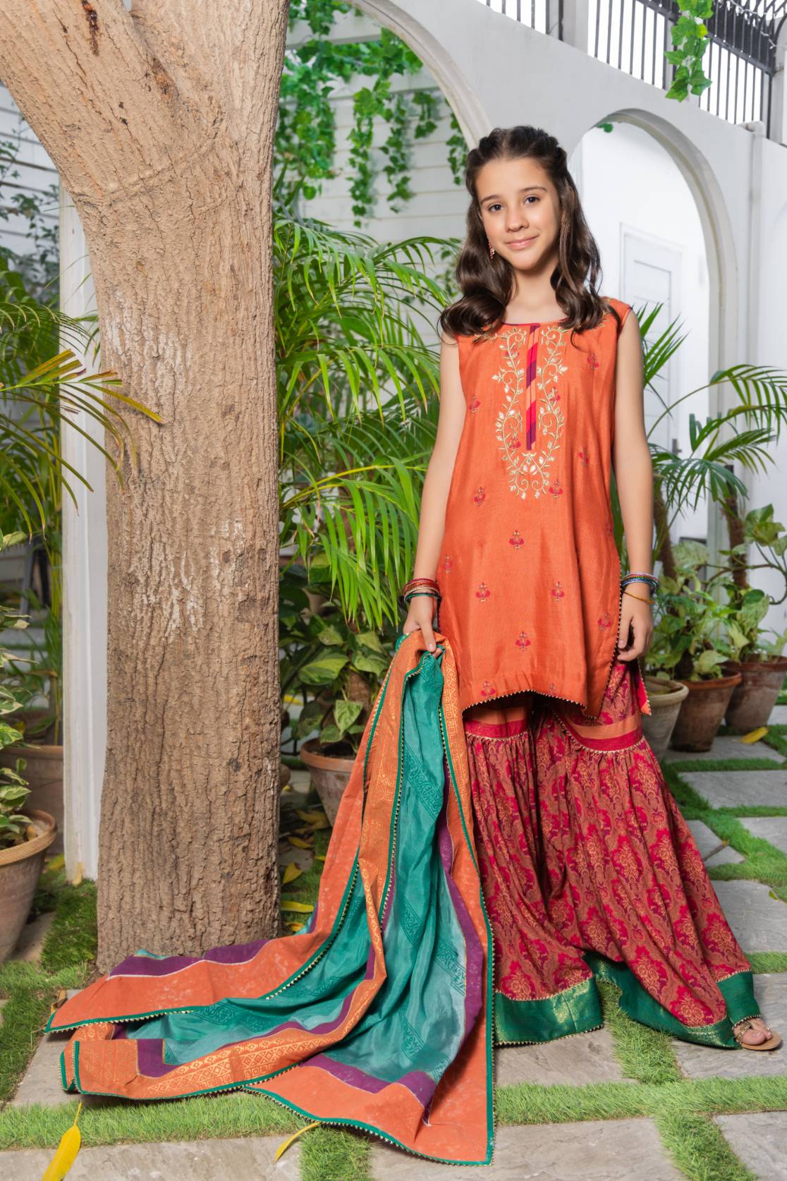 Rust Block Printed Cotton Net & Georgette Gharara (3-Piece) - Image 2