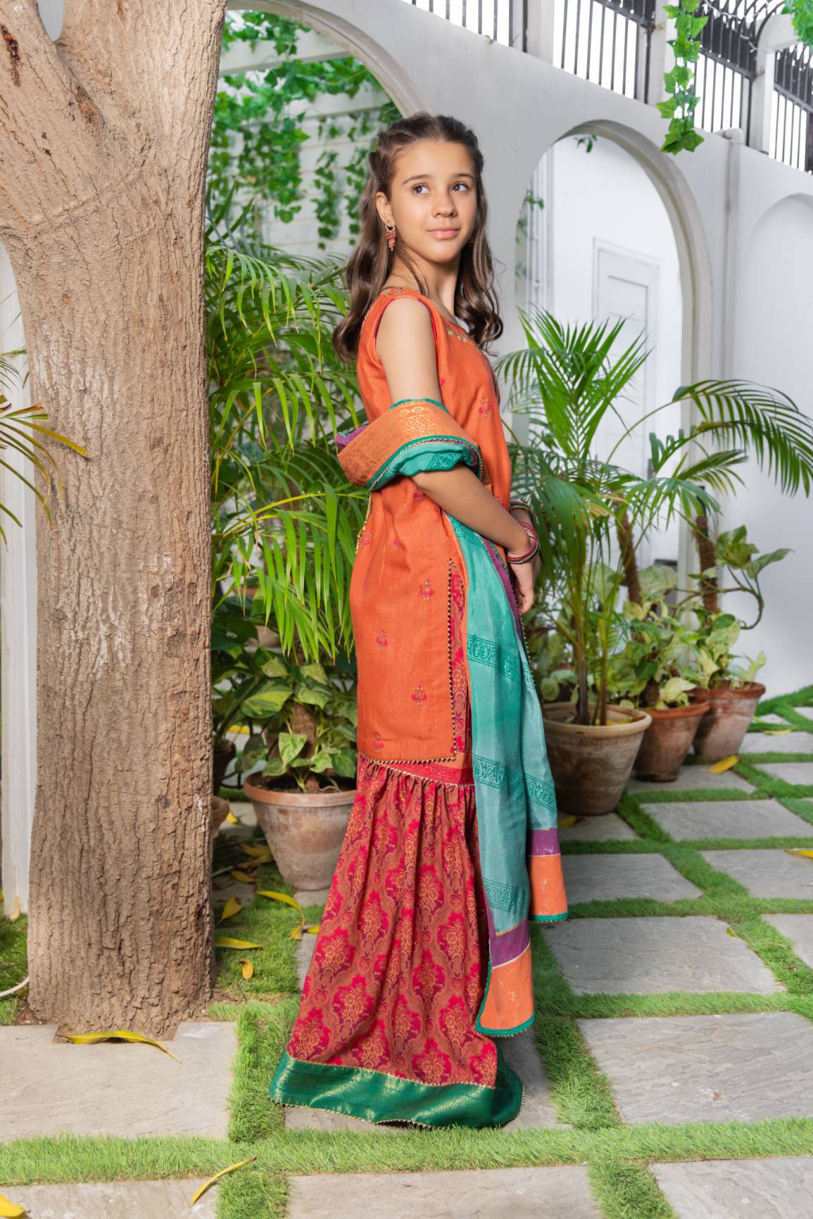 Rust Block Printed Cotton Net & Georgette Gharara (3-Piece) - Image 5