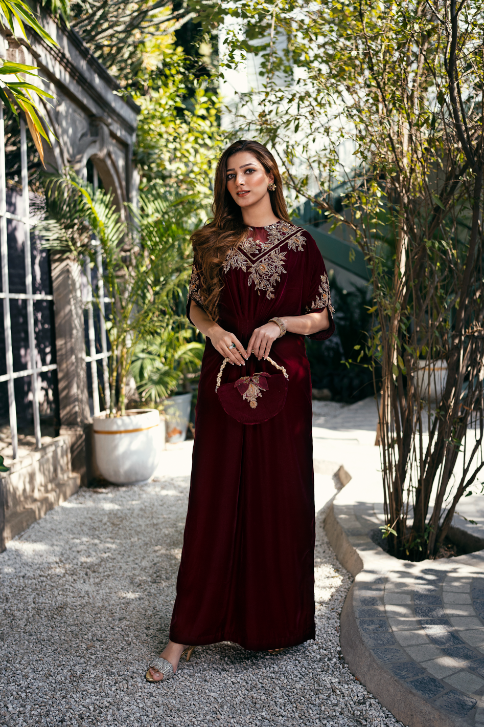 Burgundy Embroidered Velvet Gown (1-Pc) - Image 1